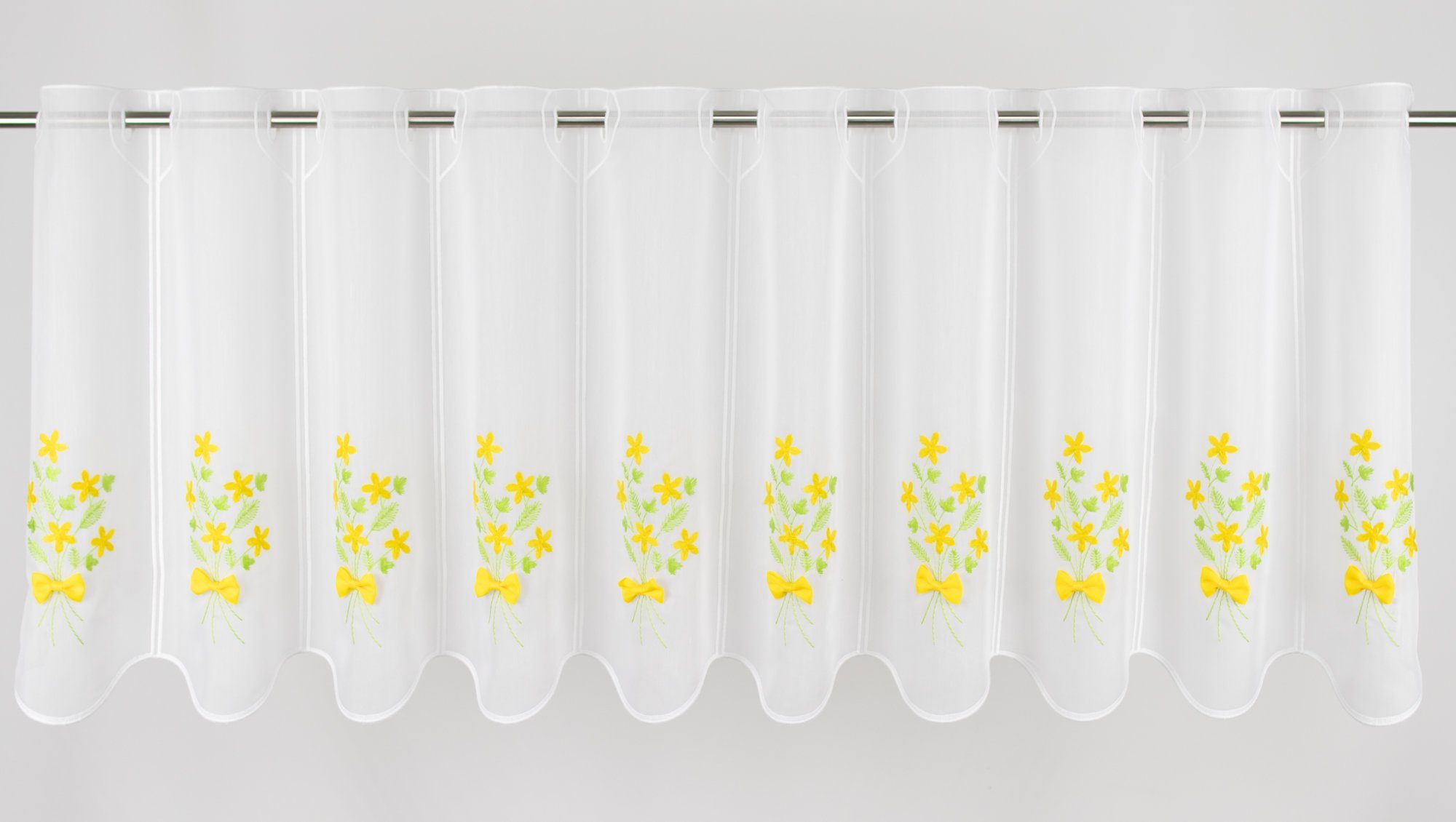 EXPERIENCE Scheibengardine Scheibengardine Kurzgardine Küchengardine Bistrogardine Fay Weiß Batist Blumen Schleife Grün Gelb 45x155 cm (1 St), Durchzuglöcher, halbtransparent, Applikation