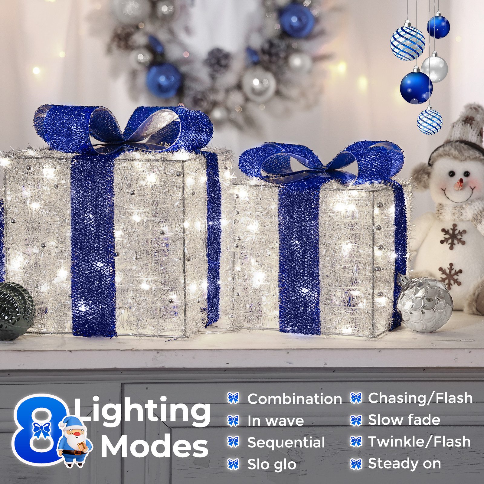 Quntis LED Dekolicht Weihnachtsfigur 3/4 Set Geschenkbox, Leuchtfiguren für Weihnachtsdeko, LED wechselbar, Kaltweiß, Warmweiß, Tageslichtweiß, mit Bändern/LED  – Bild 4 von 5
