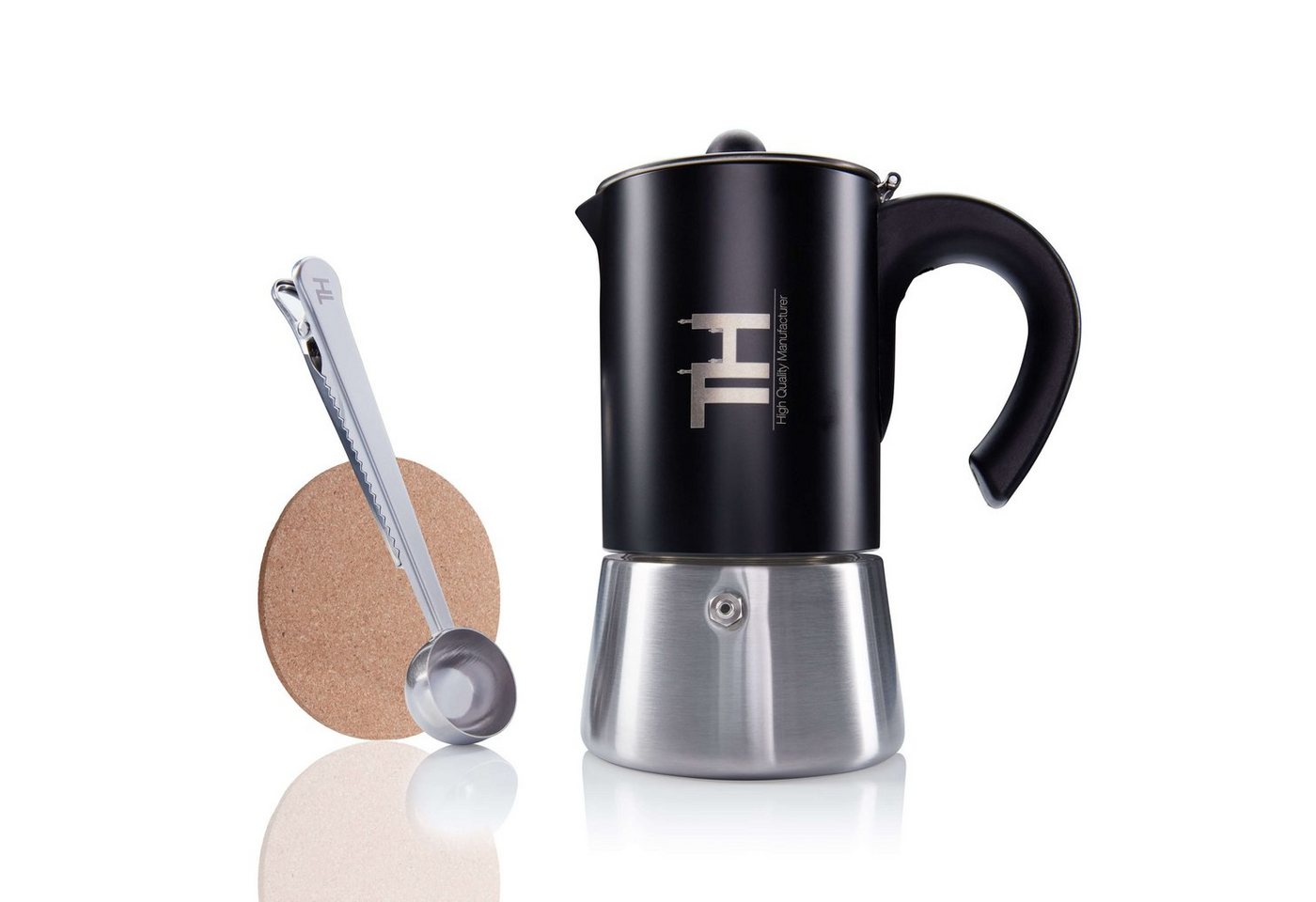 Thiru Espressokocher, Edelstahl Filter, Premium Mokkakanne aus Edelstahl inkl. Toolset