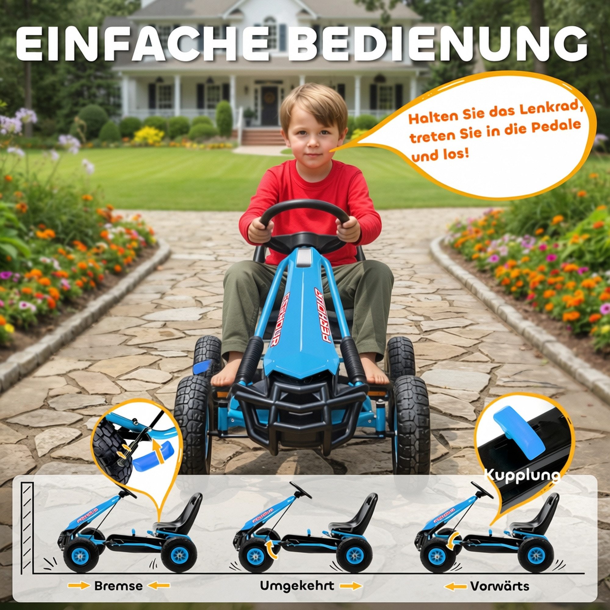 AIYAPLAY Go-Kart Tretauto mit Handbremse, verstellbarem Sitz, Pedalantrieb, für Kinder 3-8 Jahren, Blau – Bild 4 von 5