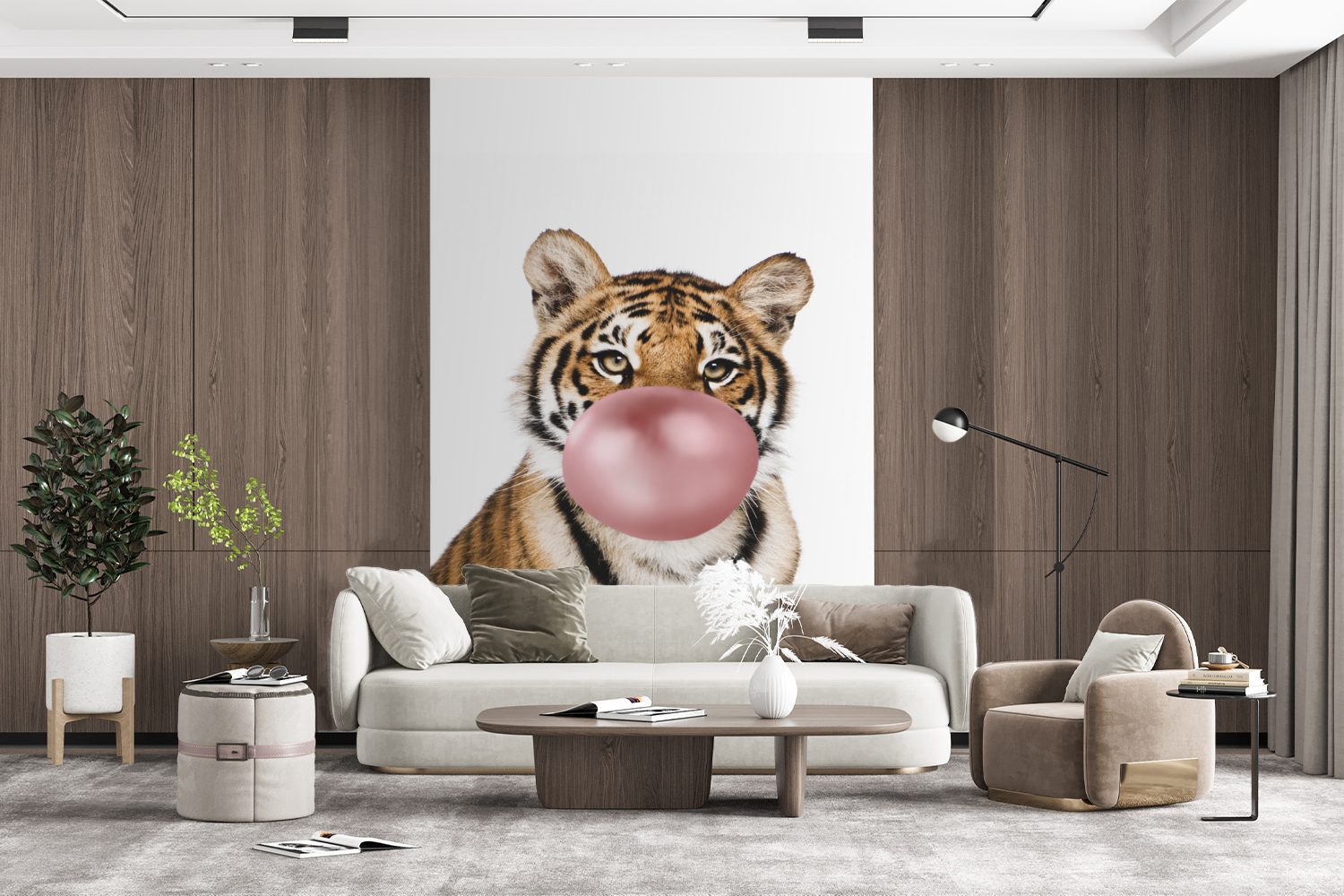 Tapete St), Vinyl bedruckt, Matt, - Mädchen Wohnzimmer, Fototapete Tiger - Montagefertig (3 Wandtapete - Junge Kaugummi für Kind, - - MuchoWow Tiere