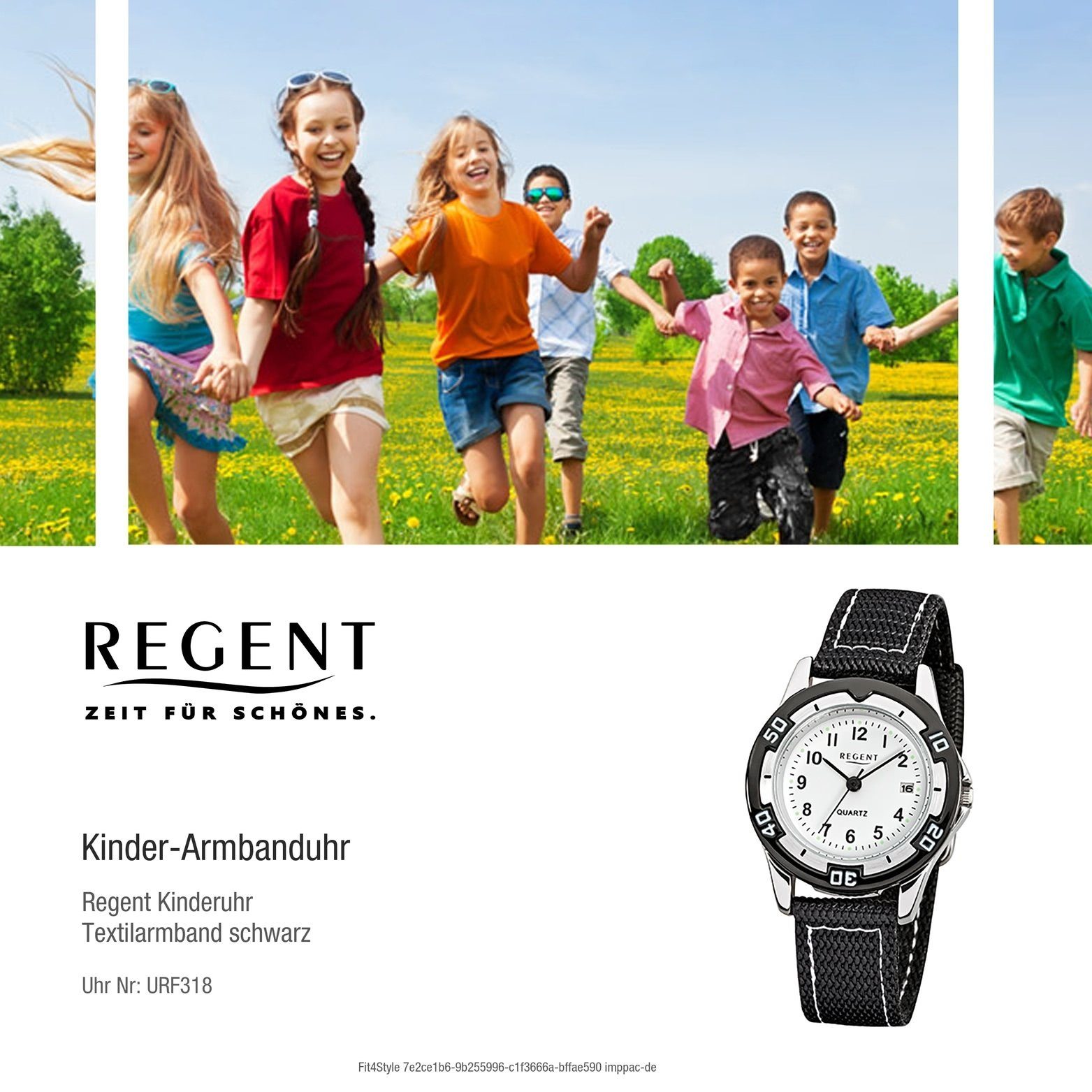 Regent Quarzuhr Regent Textil Uhr klein(ca Stoff schwarz, F-318, rundes Kinderuhr Gehäuse, Textil, Kinder Stoffarmband 29mm)