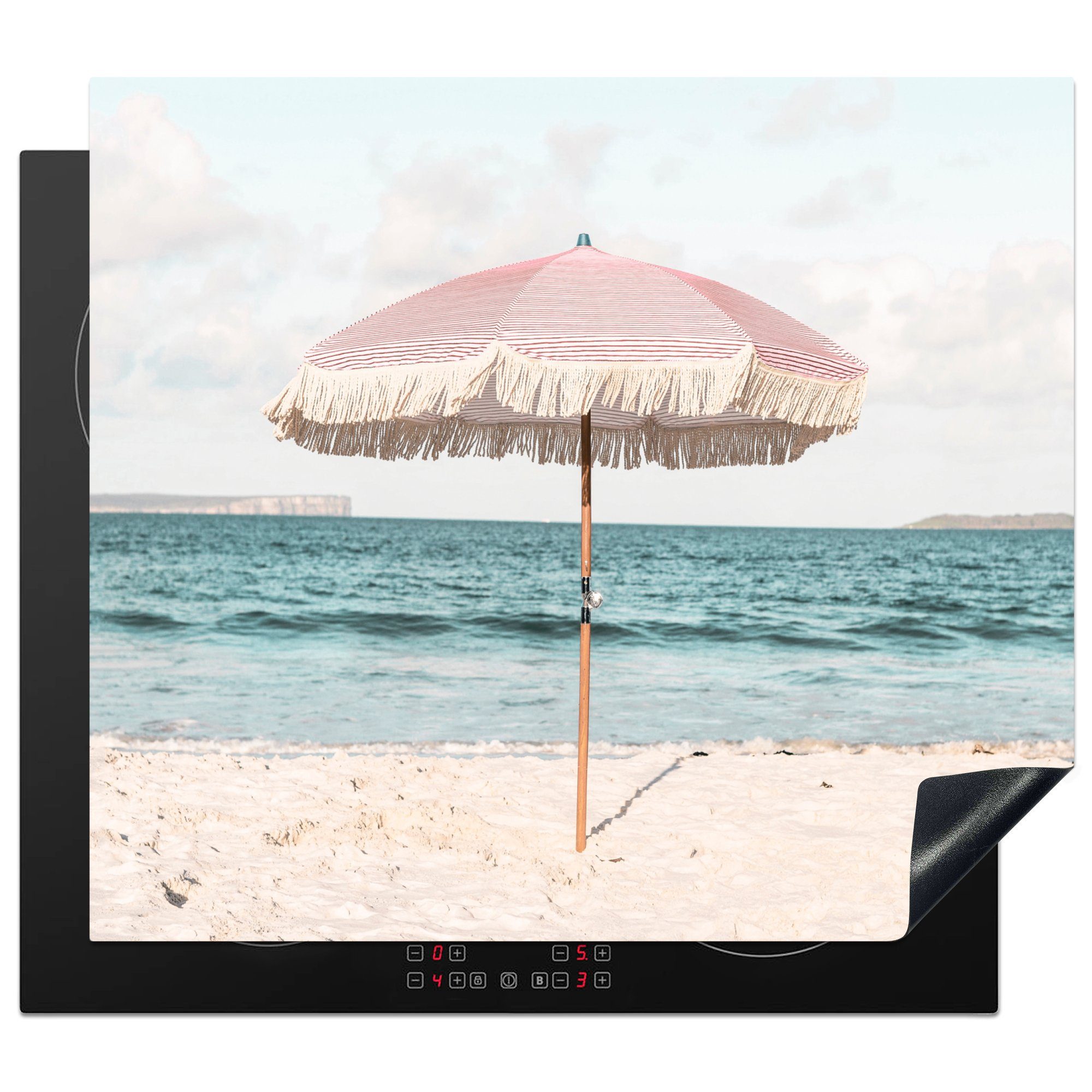 MuchoWow Herdblende-/Abdeckplatte Sonnenschirm - Strand - Meer - Wolken, Vinyl, (1 tlg), 60x52 cm, Mobile Arbeitsfläche nutzbar, Ceranfeldabdeckung