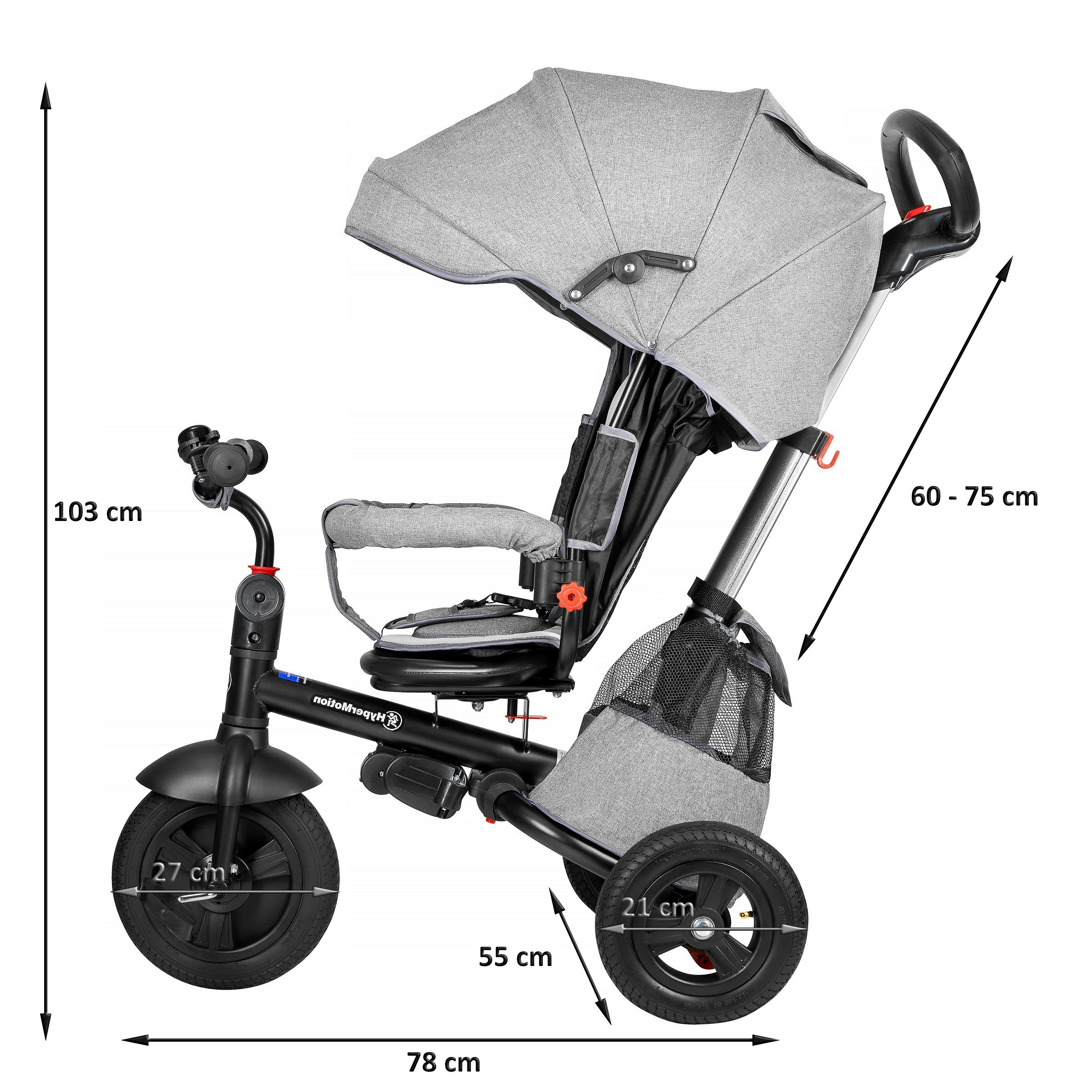 HyperMotion Dreirad Tobi Velar, Kinderdreirad mit Schubstange, Grau