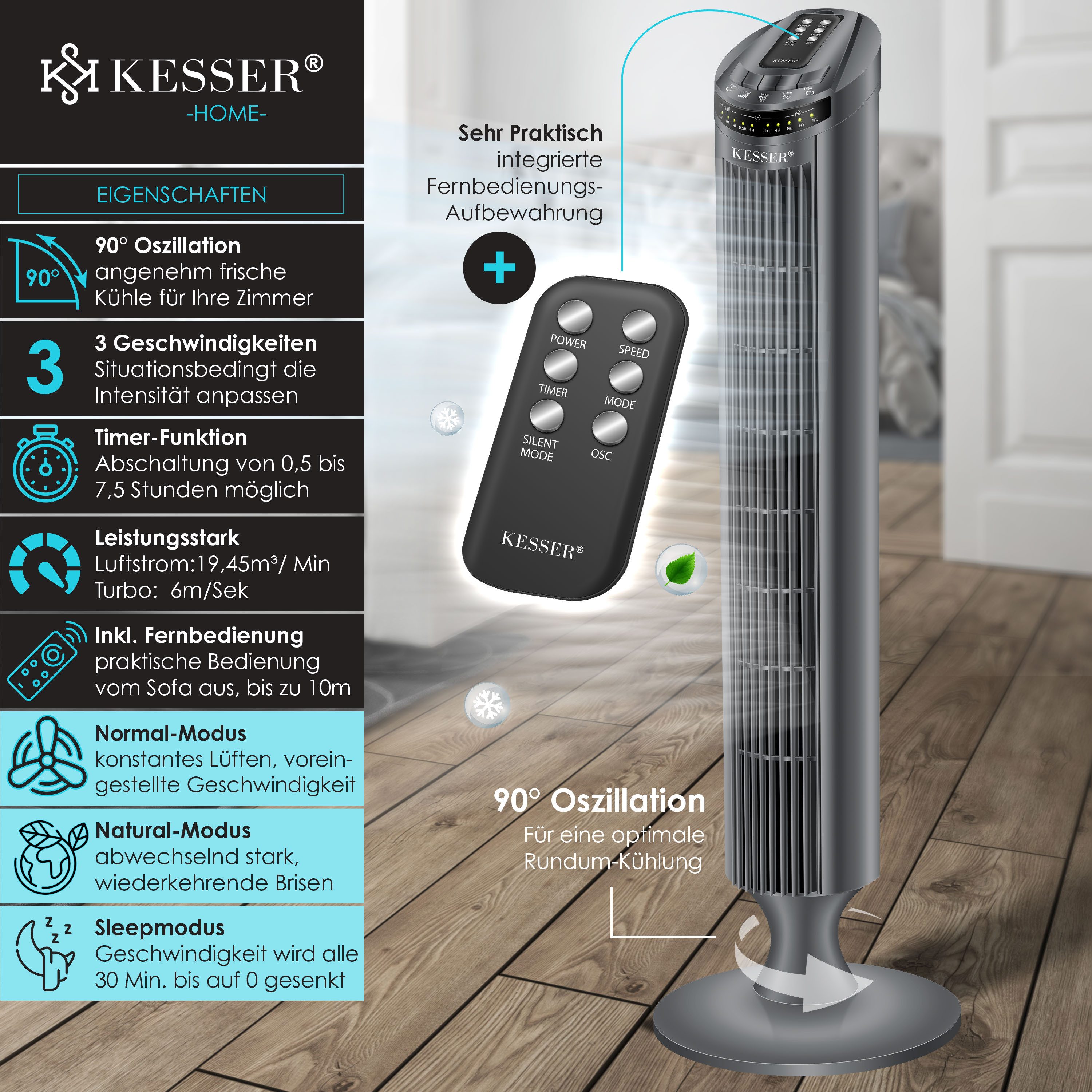 KESSER Turmventilator, Turmventilator FERNBEDIENUNG Ventilator LED Display