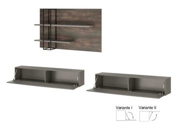 Furn.Design Wohnwand Piano, (Wohnzimmer Set grau mit Thermo Eiche, 3-St., 300 x 180 cm), XXL Lowboard, mit Soft-Close