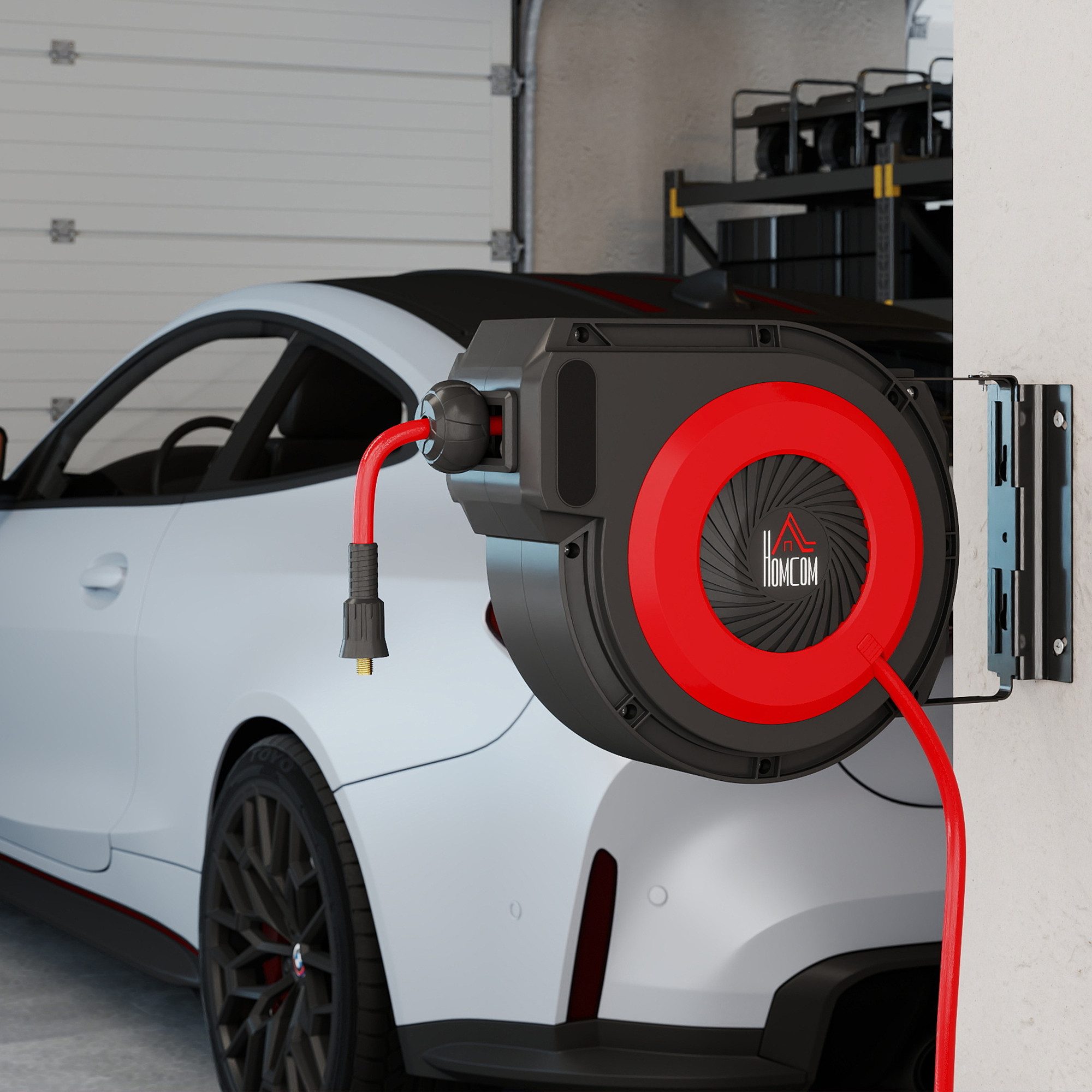 HOMCOM Schlauchtrommel mit Einzugs-Mechanismus, 16,5 m langer Schlauch, (Gartenschlauch, 1-tlg., Schlauchaufroller), für Gärten, Terrassen, Schwarz+Rot