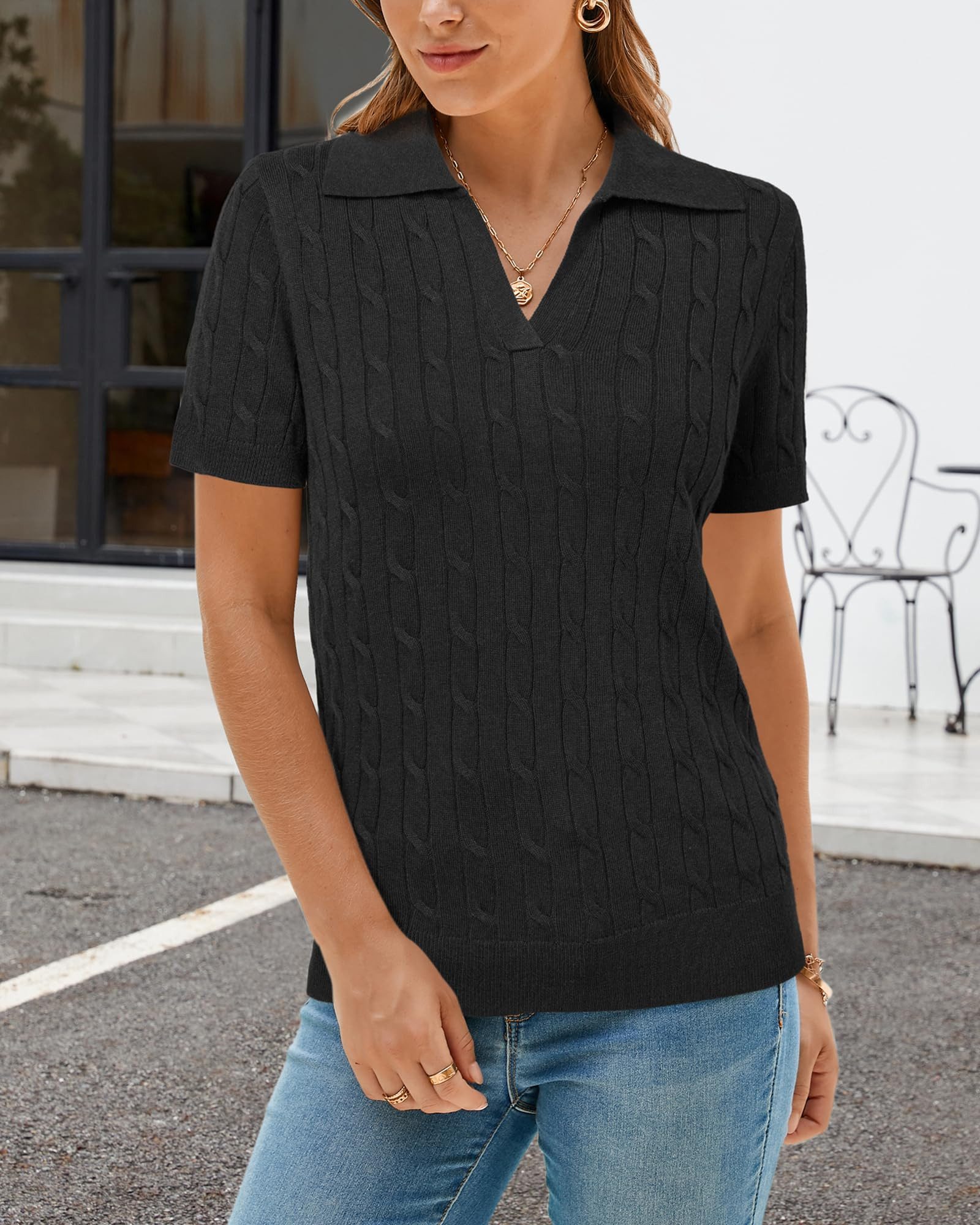 Arach&Cloz Poloshirt Damen Wollmischung Poloshirt Kurzarmpullover Strickpullover Volltonfarbe V-Shirt Tops Business Casual Kurzarmshirt Wollpullover