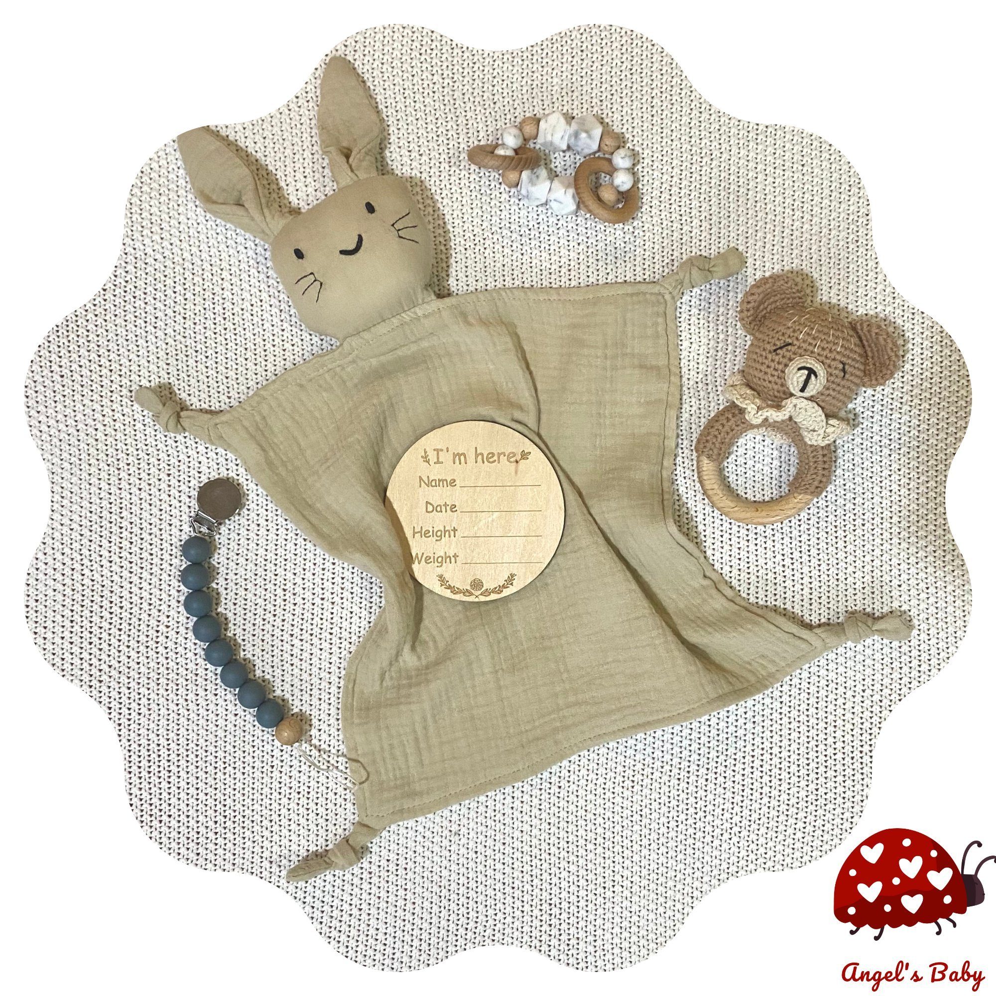 Angel's Baby Neugeborenen-Geschenkset Geschenk mit mit Design Schnuffeltuch, 5 + Braun Teile Grußkarte, 5-tlg., niedlichem und in gratis (Set, Geschenkverpackung Geburtskarte) Baumwolle, zur Babyrassel Geburt
