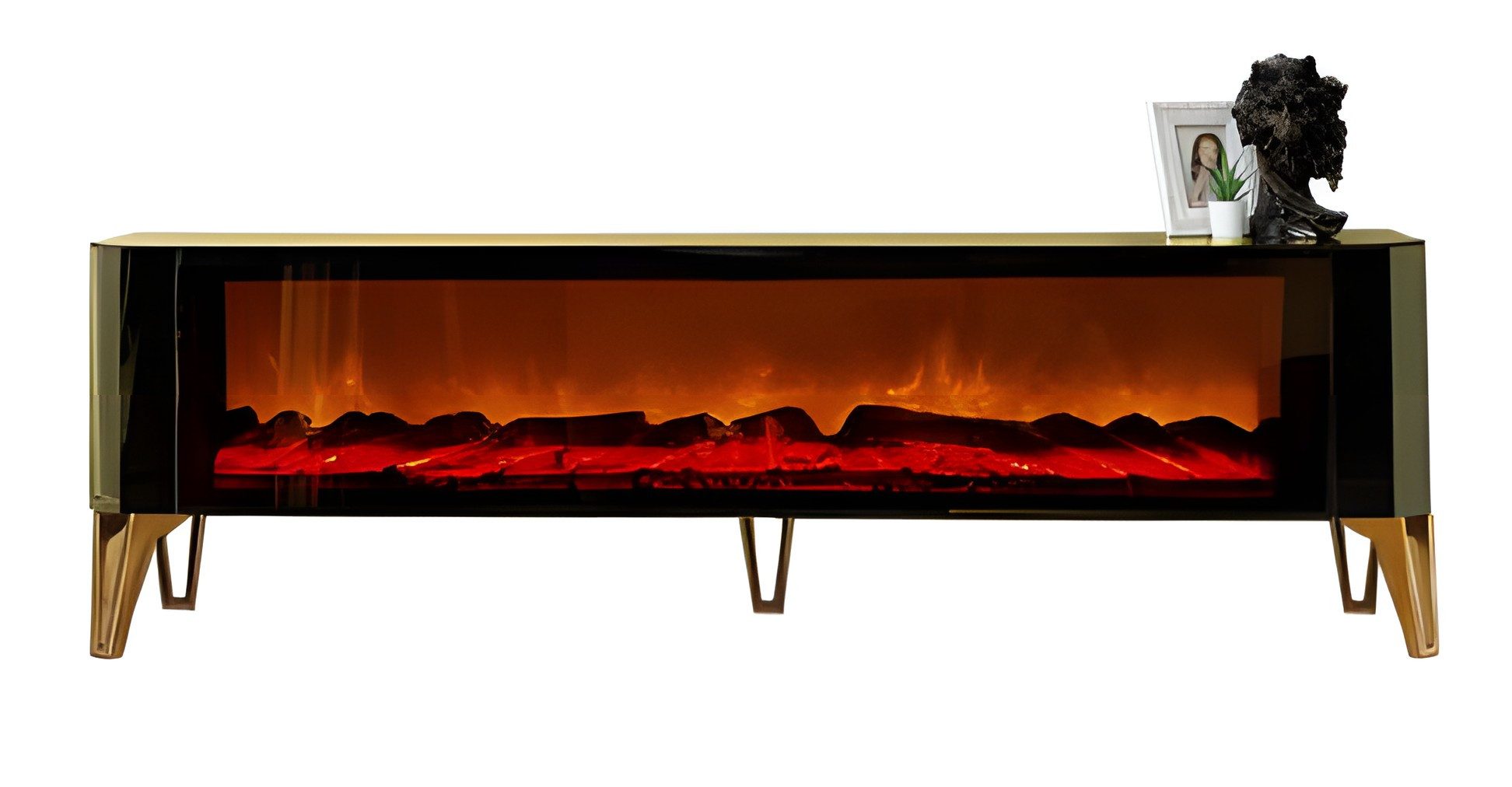 Xlmoebel Lowboard XLMOEBEL TV-Schrank in Gold mit Feuerimitation und Glasoberfläche (Lowboard, 1 St., TV-Lowboard 200 x 58 x 40 cm), Made in Europa