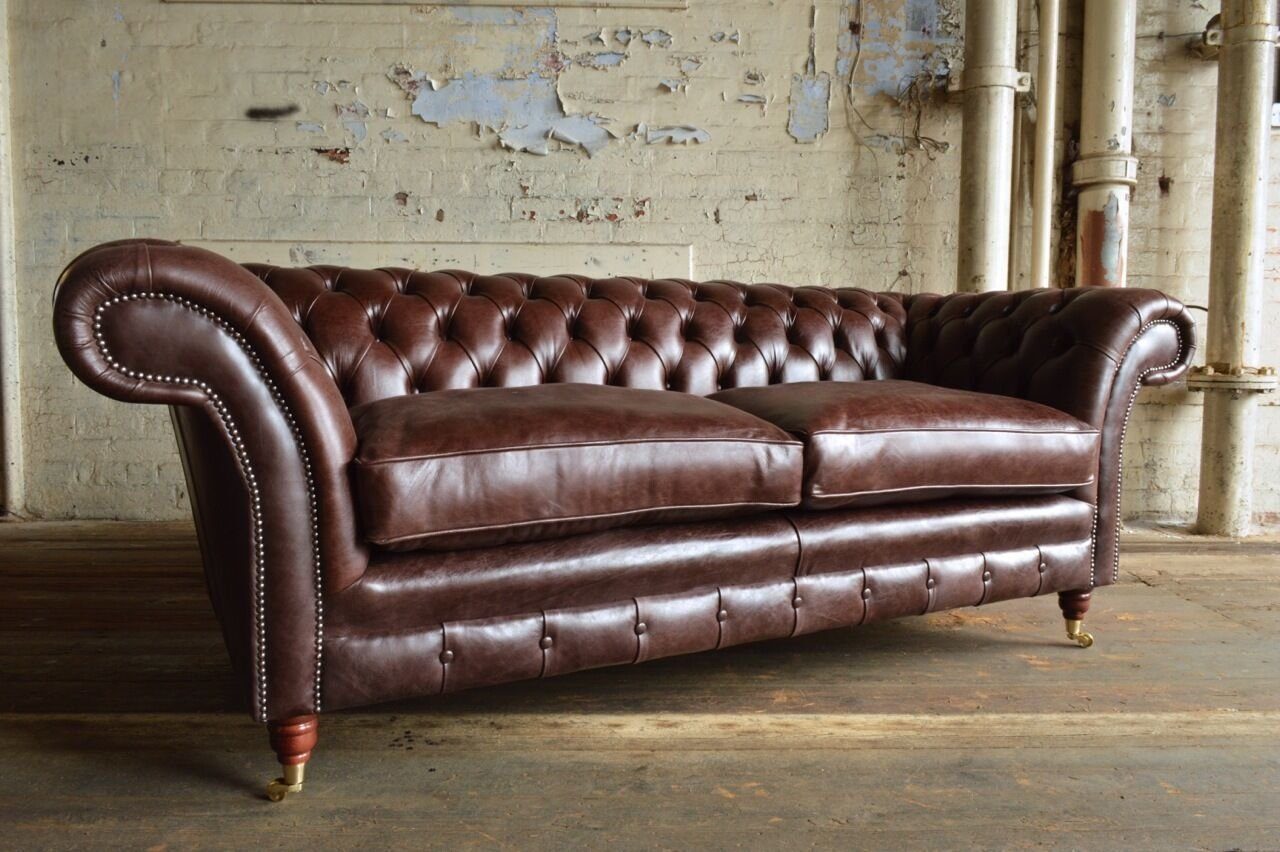 Made Leder Chesterfield-Sofa Chesterfield in 100% Couch Europe 3-Sitzer Polster Design Sofort, JVmoebel Braun