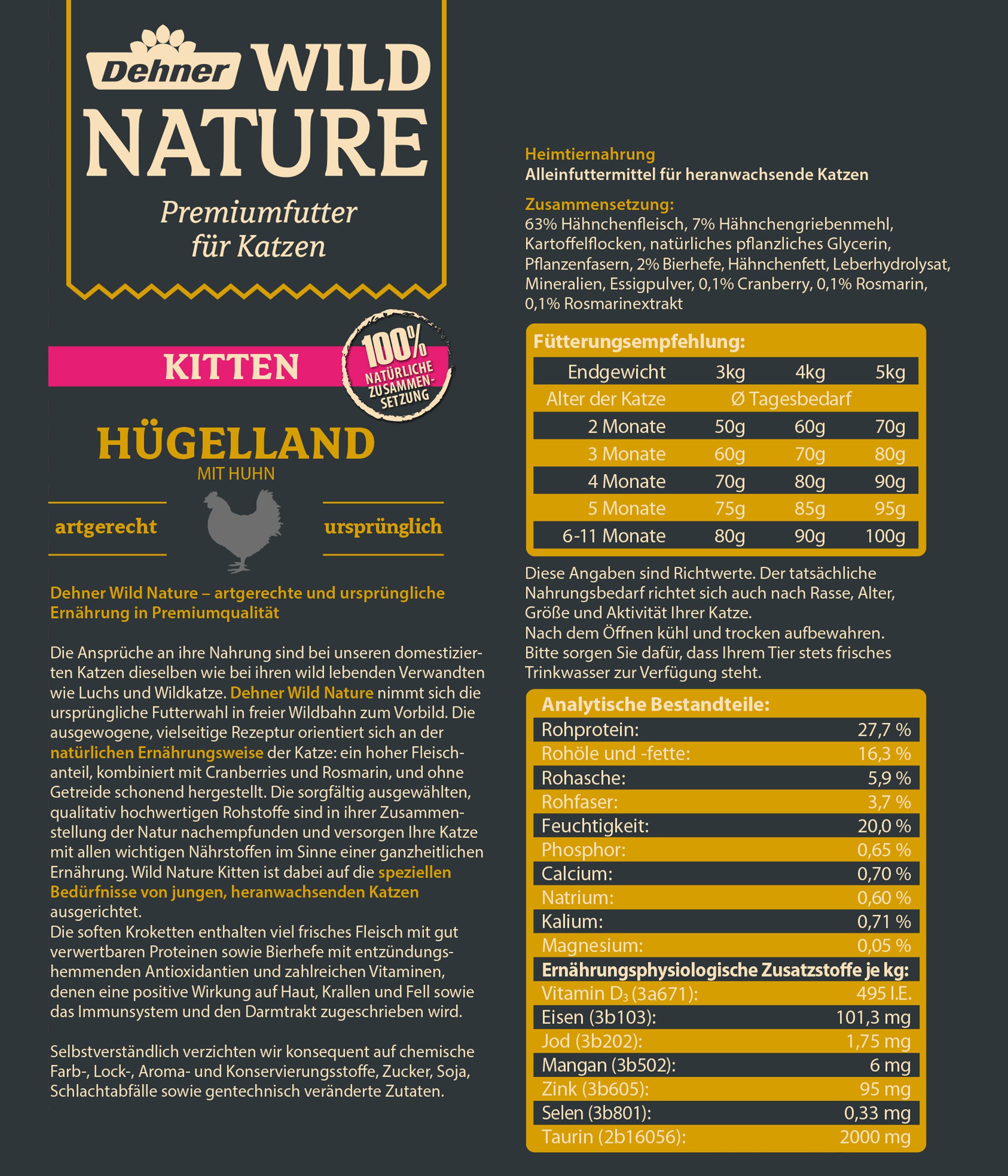 Dehner Wild Nature Hügelland Kitten Huhn, 1.5 kg, glutenfrei Huhn, Trockenfutter für: Katze, Trockenfutter für heranwachsende Katzen