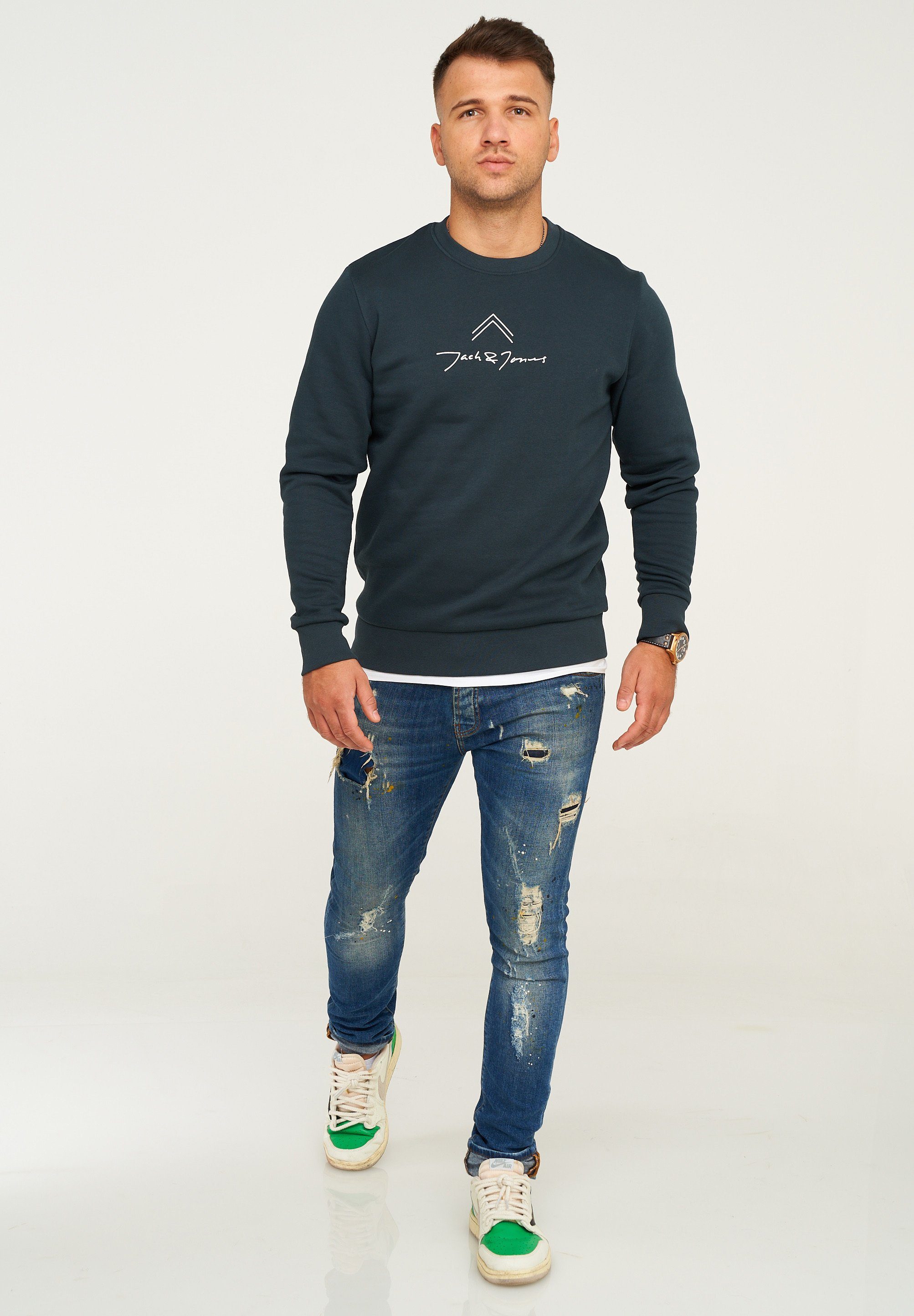 Jack & Jones Sweatshirt LABO SWEAT CREW NECK Rundhals Pullover mit Print Baumwollmischung Langarm Sweater