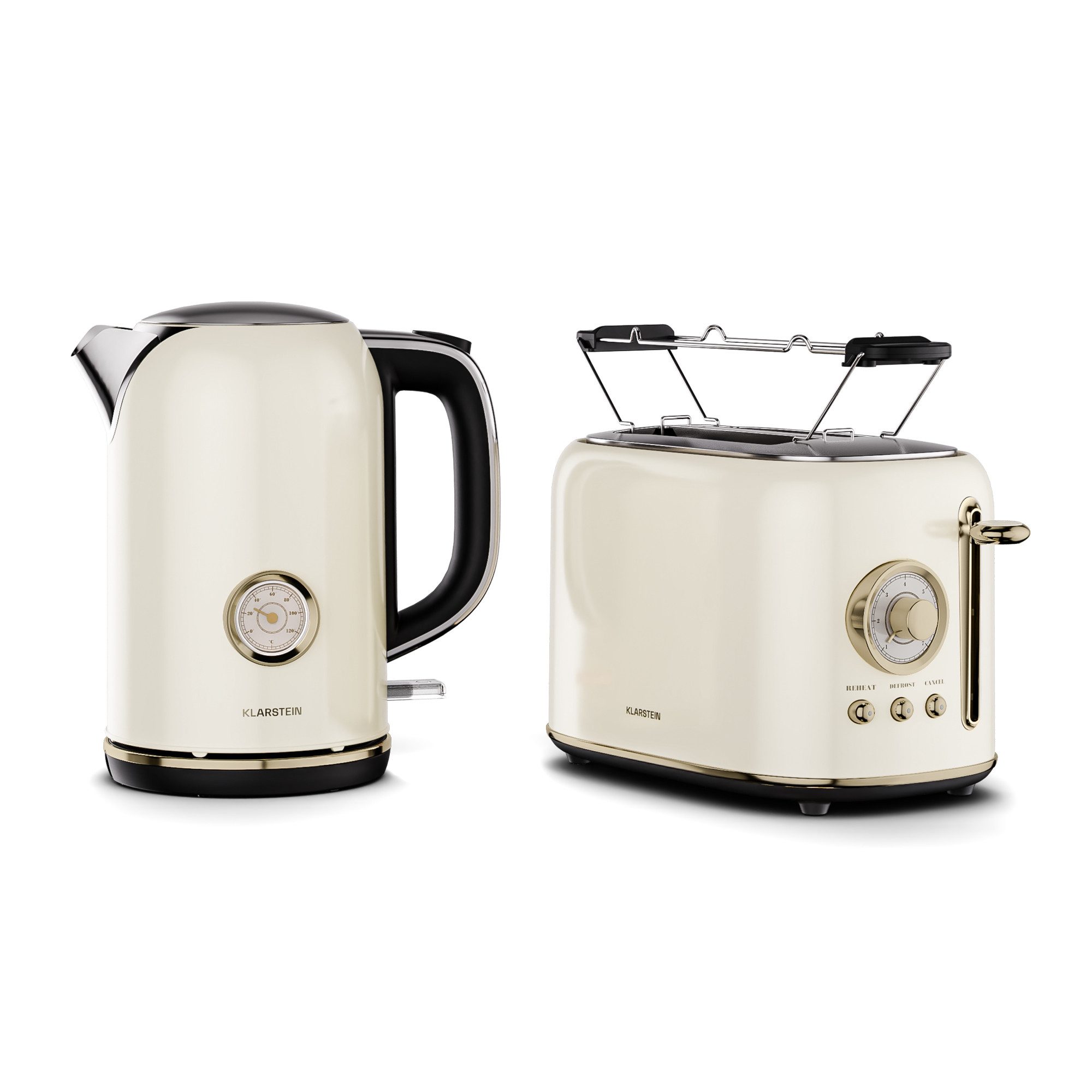 Klarstein Frühstücks-Set Victoria (3-tlg), Toaster mit Brötchenaufsatz 800W Wasserkocher 1,7 L 2200W Creme
