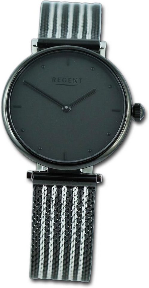 Regent Quarzuhr Regent Damen Armbanduhr Analog, Damenuhr Metallarmband  schwarz, silber, rundes Gehäuse, groß (ca 37mm)