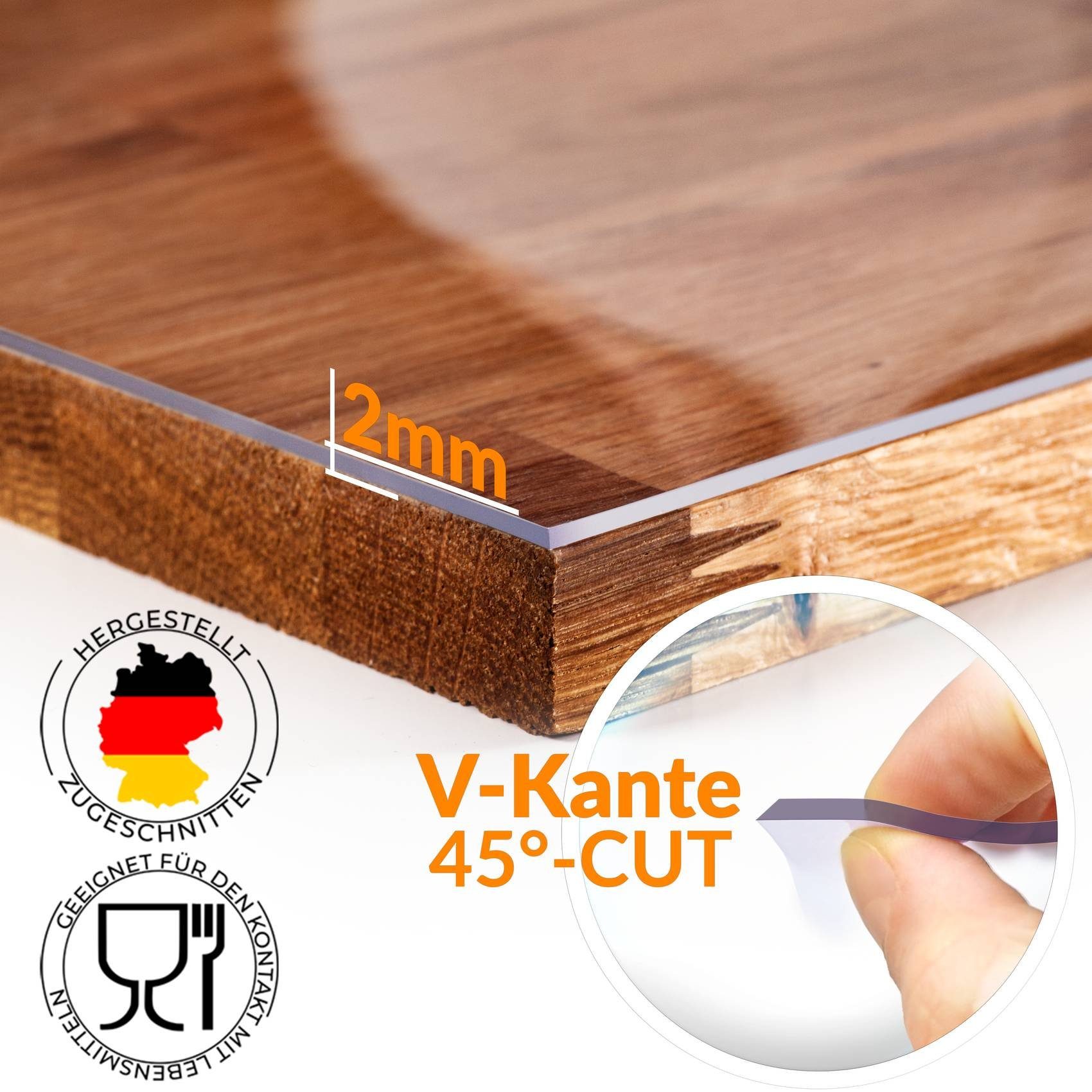 ANRO Tischdecke Tischschutzfolie Tischschutz PVC 2mm (1-tlg, 45G-Kante - ABGESCHRÄGT), Transparent Glatt Breite 60-80cm für Beistelltisch Couchtisch Esstisch