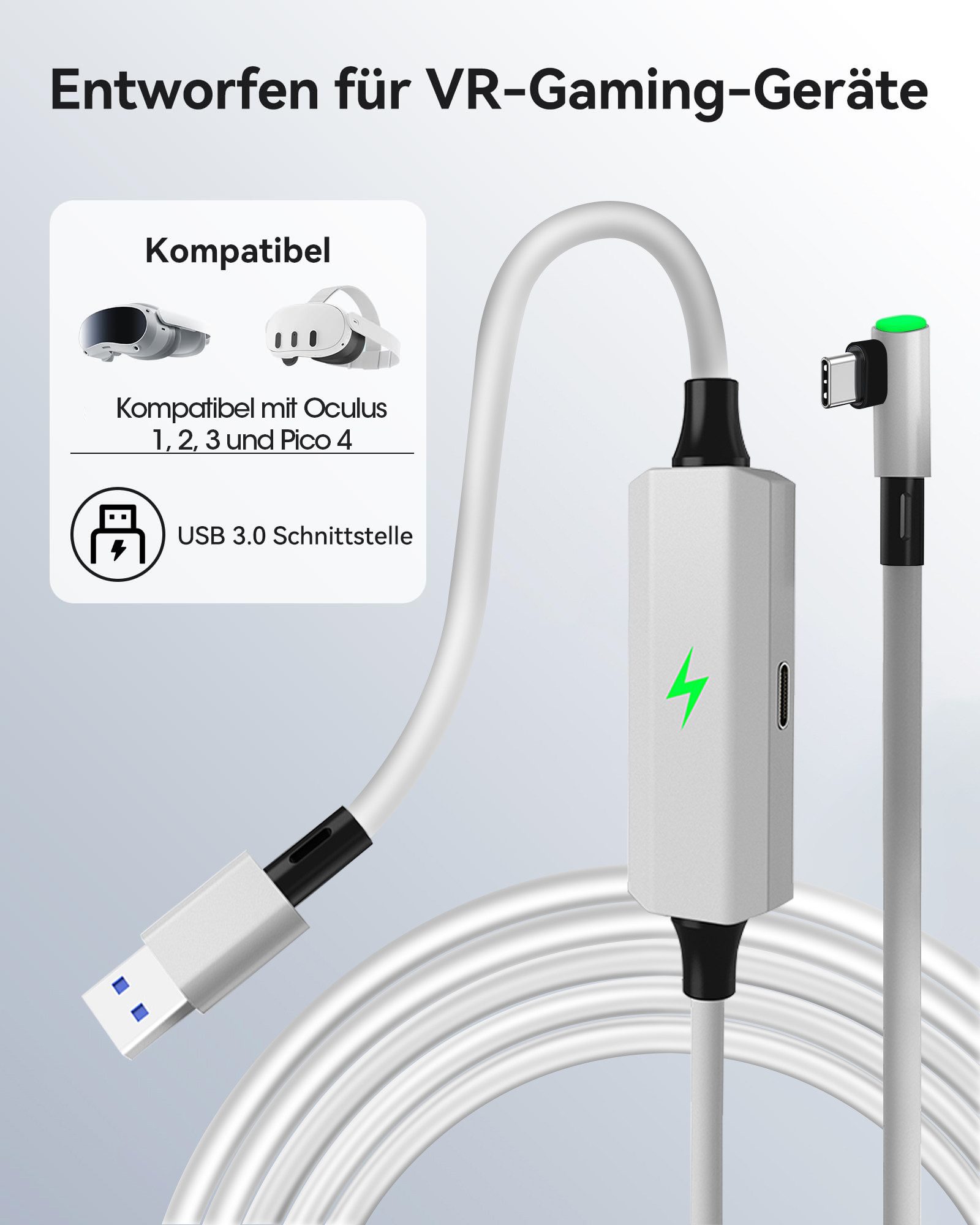 FOSMET Link Kabel mit Ladeanschluss 5 m,Quest 3/2/1/Pro,Pico 4 PC VR Zubehör Virtual-Reality-Brille (für VR Headset Accessories, LED-Ladeanzeige,Schnelle Datenübertragung,Störungsfreie Verbindung)