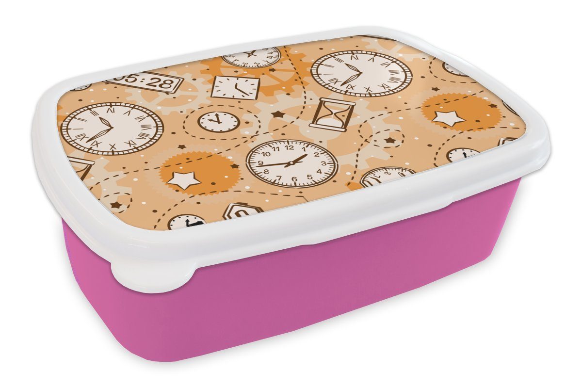 MuchoWow Lunchbox Muster - Uhr - Sanduhr, Kunststoff, (2-tlg), Brotbox für Erwachsene, Brotdose Kinder, Snackbox, Mädchen, Kunststoff rosa