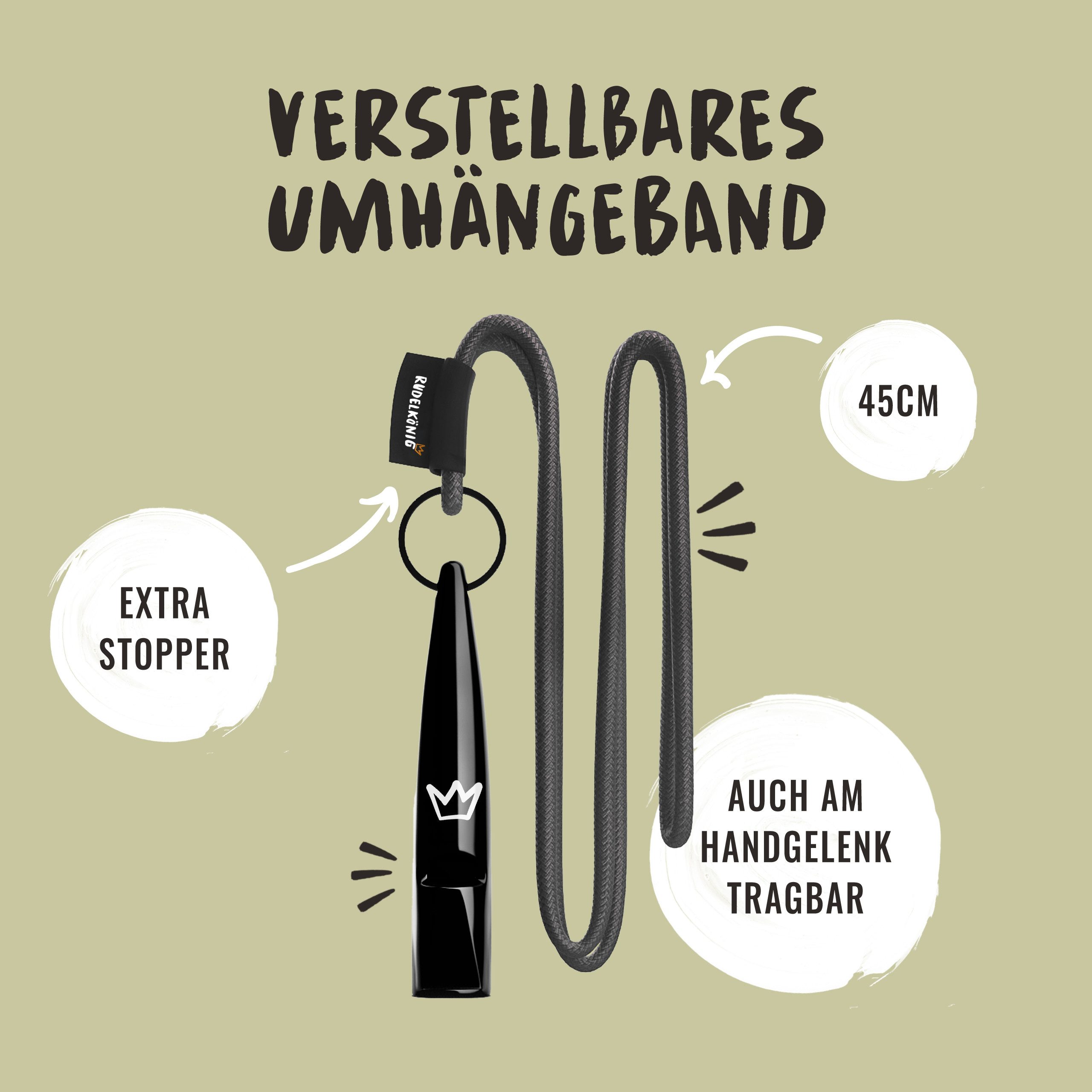 Rudelkönig Hundepfeife Trainingspfeife für Rückruftraining mit Pfeifenband, Hundepfeife, (1-St., Rudelkönig), professionell mit genormter Frequenz für die Hundeerziehung
