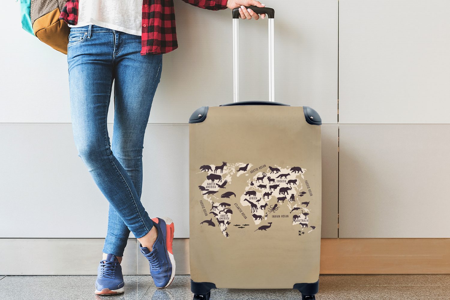 Trolley, MuchoWow Reisekoffer 4 für Reisetasche Retro - Ferien, rollen, Handgepäckkoffer Tiere, Handgepäck Rollen, Weltkarte - mit