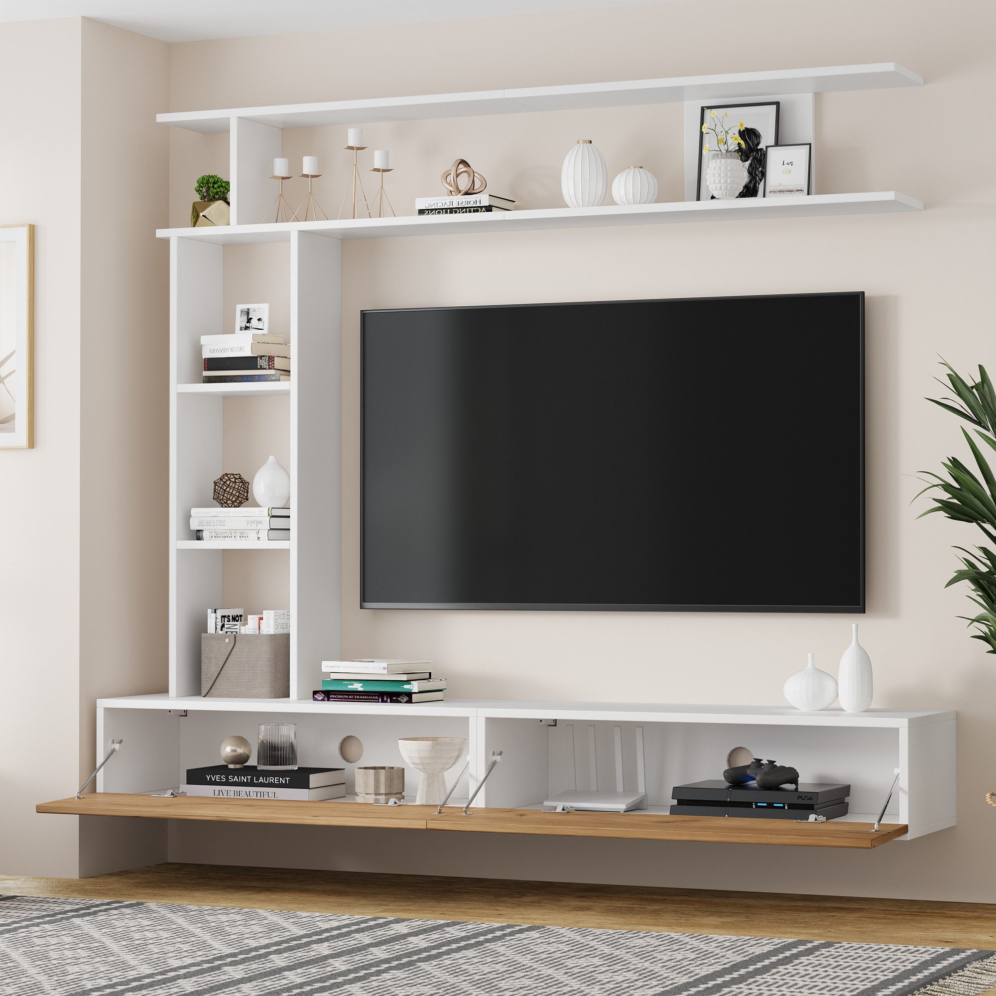 Merax Wohnwand in Weiß & Holz, (3-St), Wohnwand-Set mit TV-Board, Wandregal & Standregal, Mediawand