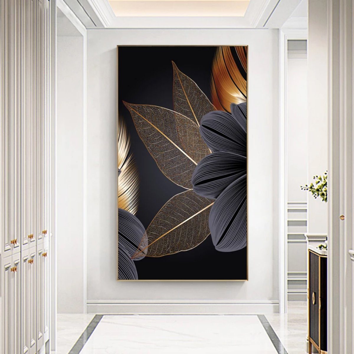 TPFLiving Kunstdruck (OHNE RAHMEN) Poster - Leinwand - Wandbild, Goldene und schwarze Blätter - (3 Motive und in 17 Größen zur Auswahl - Günstiges 3-er Set), Fa – Bild 4 von 5