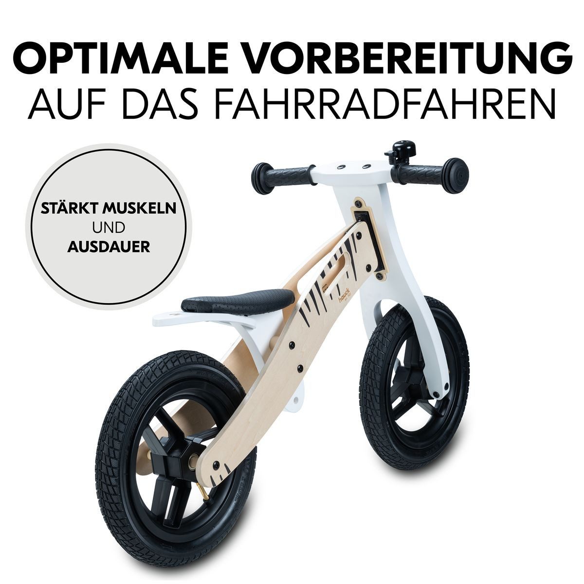 Hauck Laufrad Balance N Ride - Zebra 12 Zoll, Holz Lauflernrad mit Lufträdern & verstellbarem Sitz ab 18 Monate