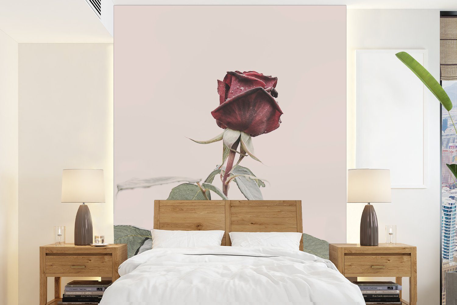 MuchoWow Fototapete Blumen - Rot Montagefertig Wandtapete (4 Wohnzimmer, bedruckt, - - Grün, St), Matt, Rosen Vinyl Tapete für