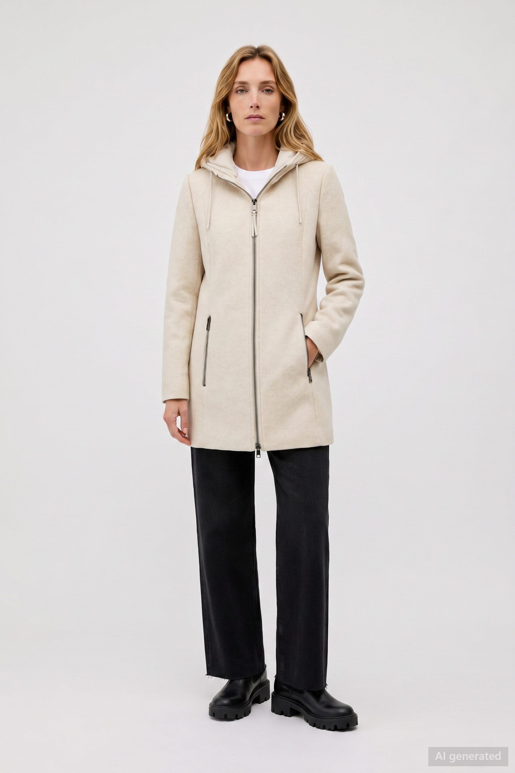 Barbara Lebek Wolljacke Damenmantel oder Wollmantel mit Kapuze in Beige