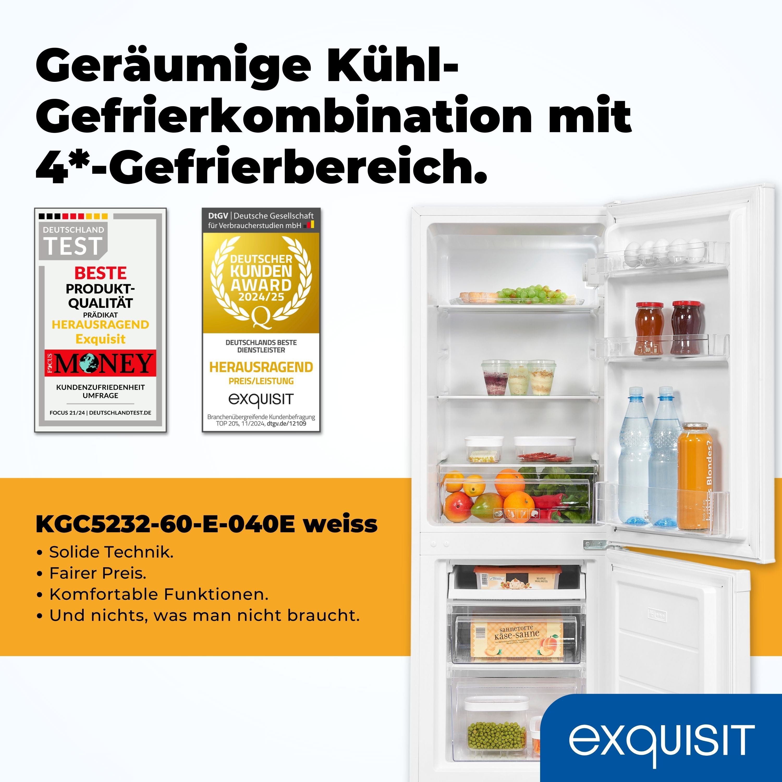 exquisit Kühl-/Gefrierkombination KGC5232-60-E-040E, 142.5 cm hoch, 49.5 cm breit