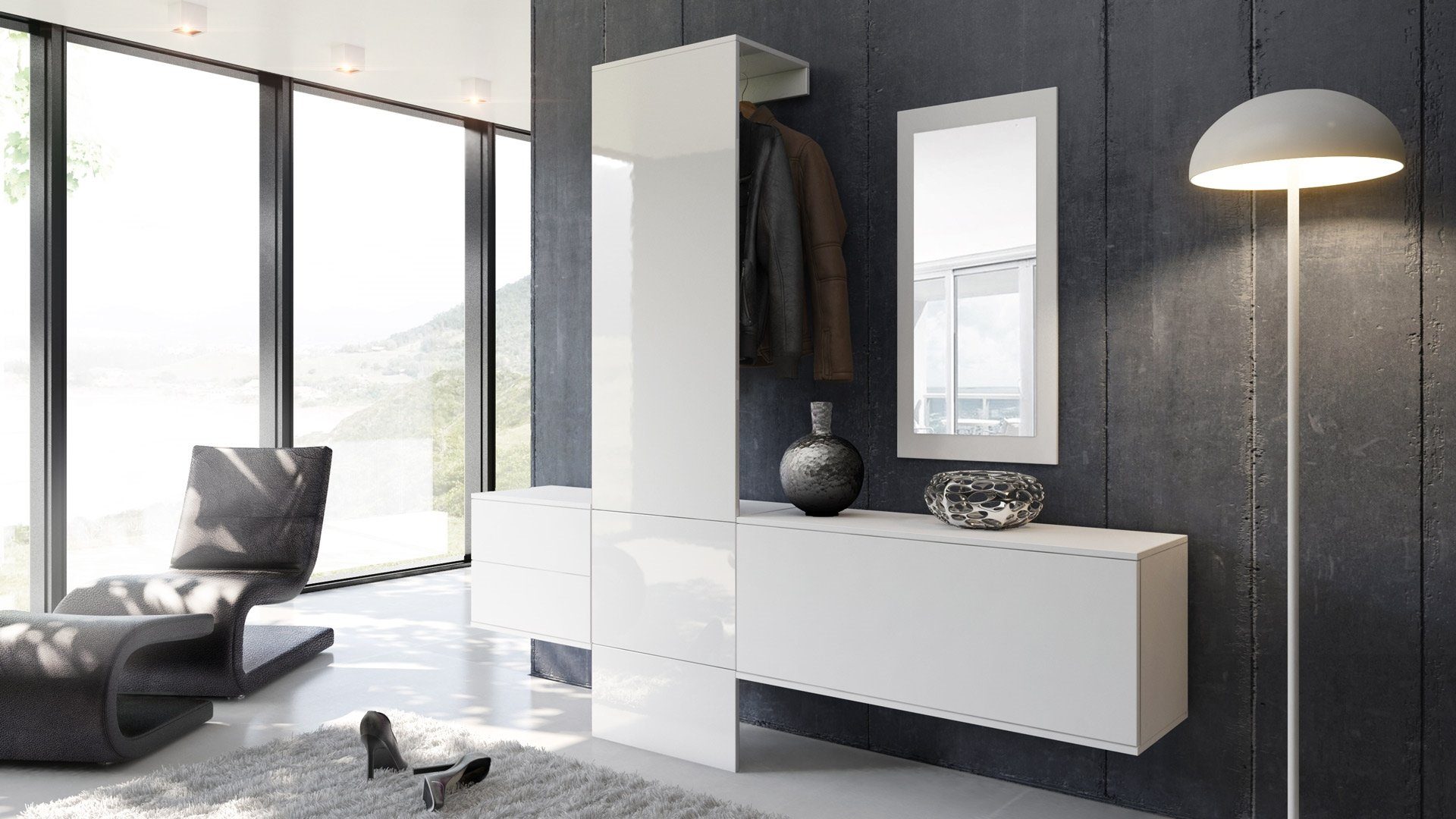 Vladon Garderoben-Set Carlton Set 1, (Wandgarderobe bestehend aus, 4-St., 1 Paneel, 1 Schubkastenschrank, 1 Schrankmodul und 1 Spiegel), Weiß matt/Weiß Hochglanz (208 x 193 x 35 cm)