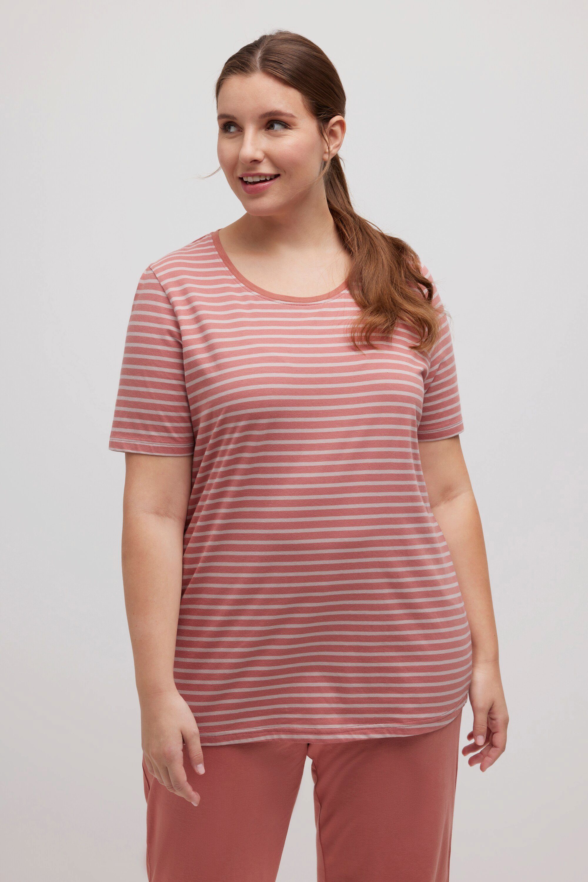 Ulla Popken Pyjamaoberteil Pyjamashirt Ringel Rundhals günstig online kaufen
