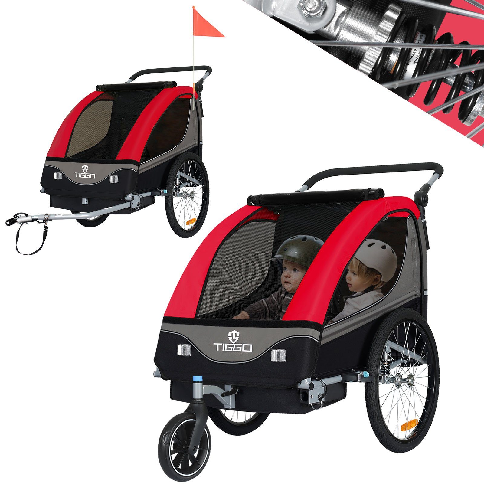 TIGGO Fahrradkinderanhänger Kinderanhänger 2 in 1 Kinderfahrradanhänger Fahrradanhänger, für 1-2 Kinder inklusive Joggerkit
