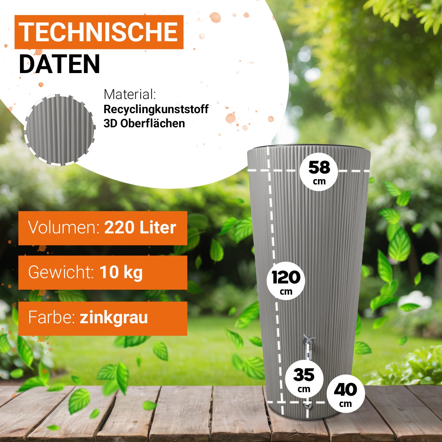 GARANTIA Regentonne LINUS 2in1 Regentonne 220 Liter zinkgrau inkl. Pflanzschale, 220 l
