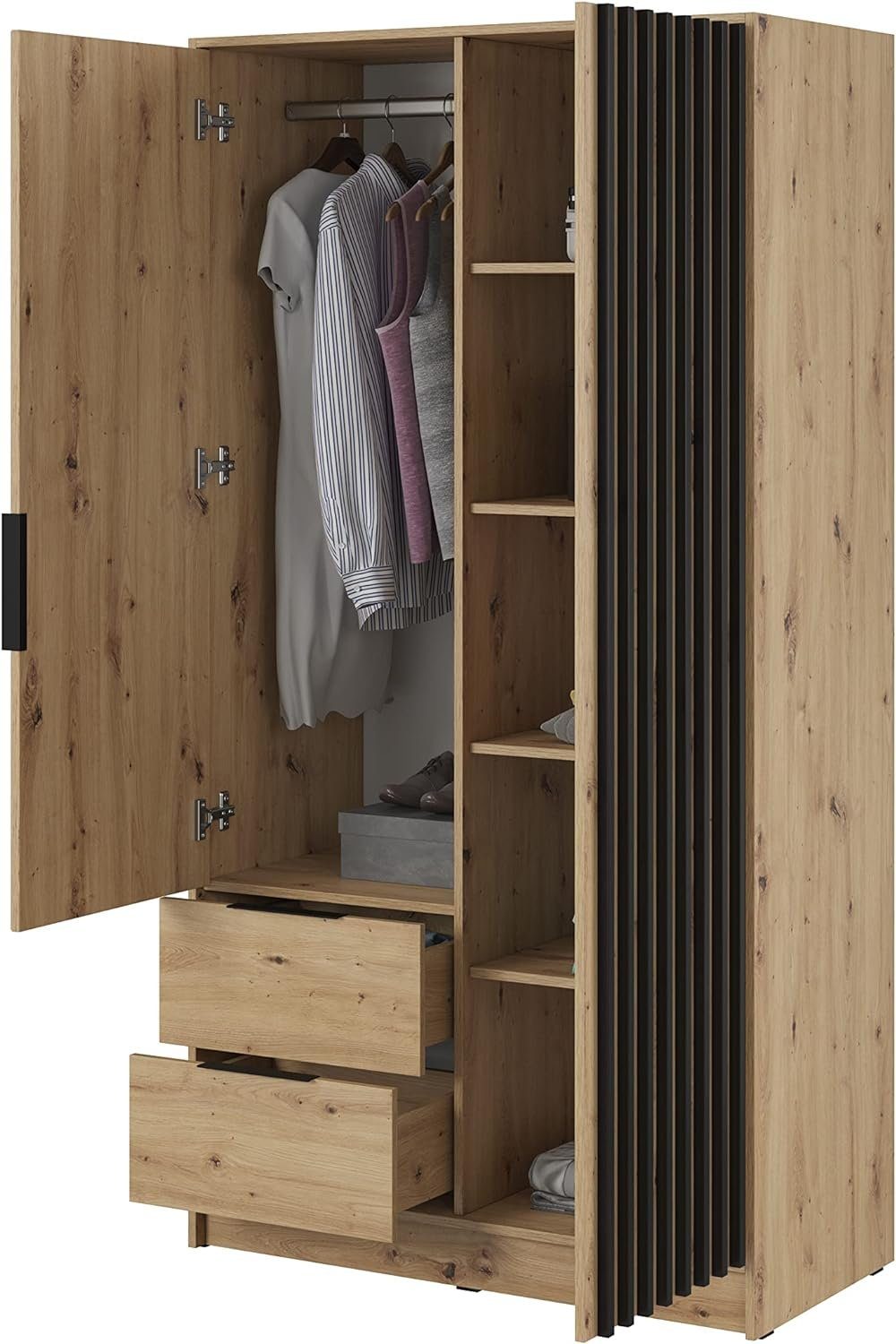 MOEBLO Kleiderschrank JOHN (Latten aus Holz, Loft Stil IndustrieSchrank Aufbewahrungsschrank (Spannstange) mit Regalböden Spannstange & 2 Schubladen, Industrieschrank für Schlafzimmer, Schlafzimmerschrank mit 2/3/4 drehbaren Türen, 2 Schubladen)