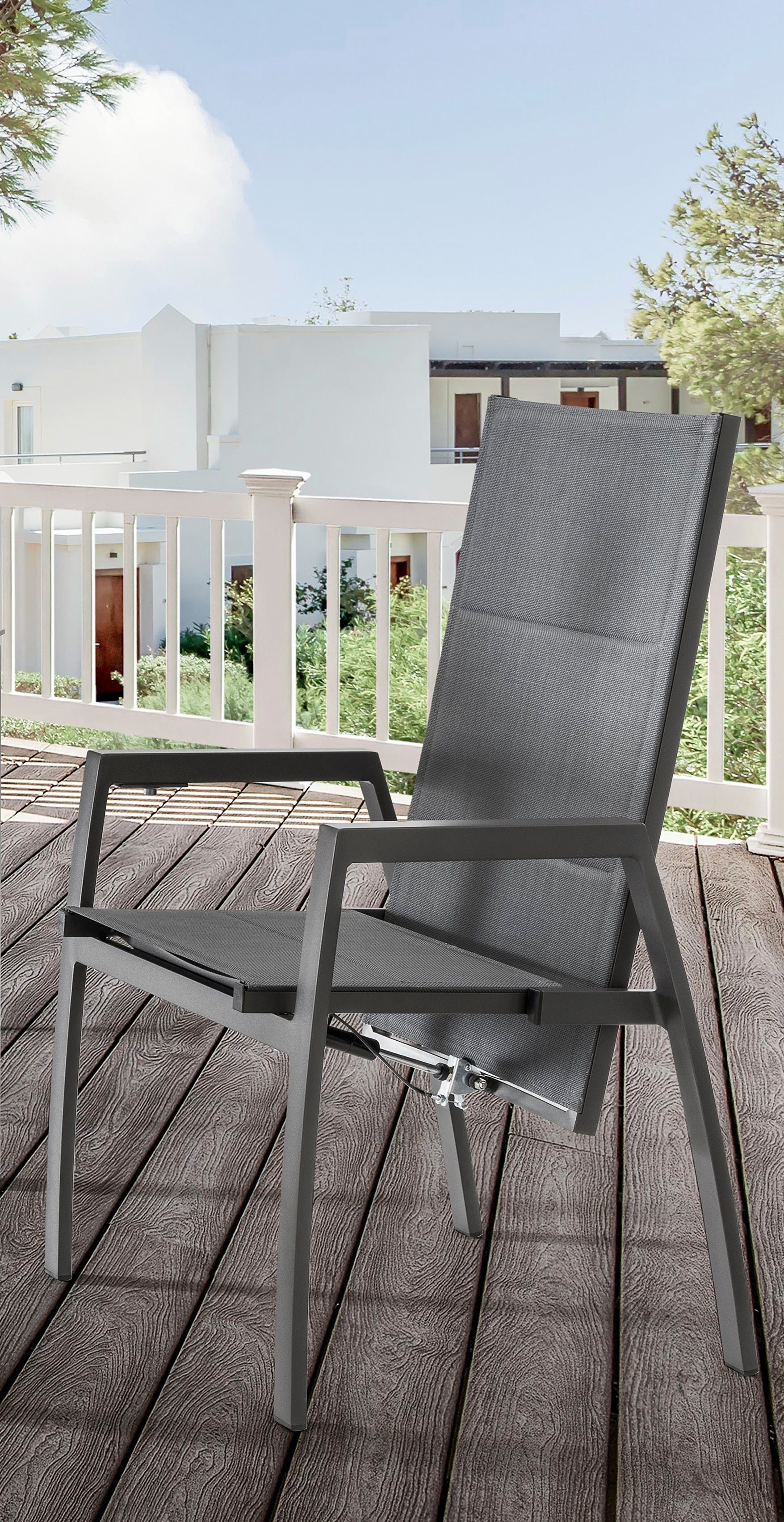 Destiny Garten-Essgruppe COSTA HL CREMONA 4 HL + Tisch 160x90cm, anthrazit, (Set, 5-tlg., 4 Hochlehner stufenlos verstellbar, inkl. Auflagen, 1 Tisch), Aluminium, Textilene, Tischplatte: Glas mit Keramiküberzug
