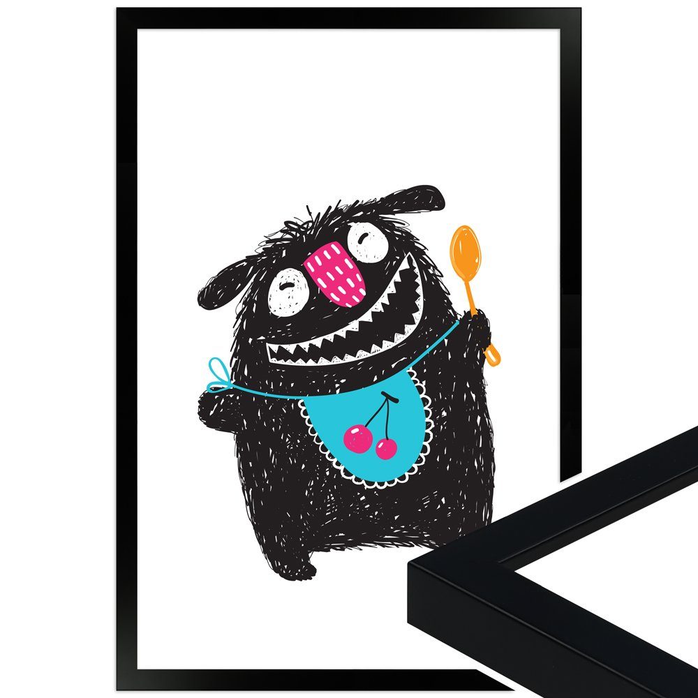 WANDStyle Bild mit Rahmen hungriges Monsterchen, süßes Poster fürs Kinderzimmer