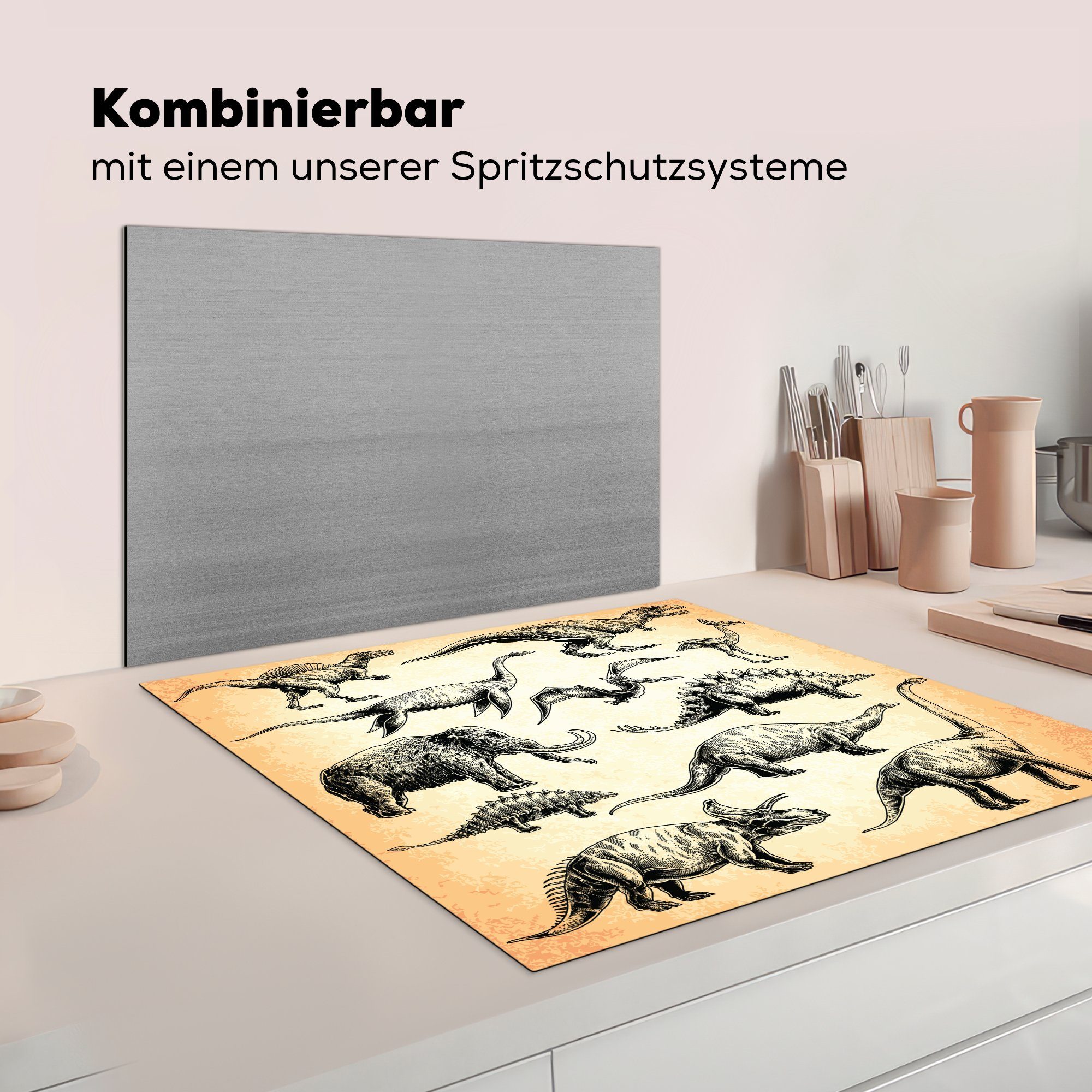 - - MuchoWow 78x78 Dinosaurier Zeichnung für Ceranfeldabdeckung, Arbeitsplatte Kinder Vinyl, cm, Vintage (1 - - Herdblende-/Abdeckplatte Kind, - küche Kinder tlg),