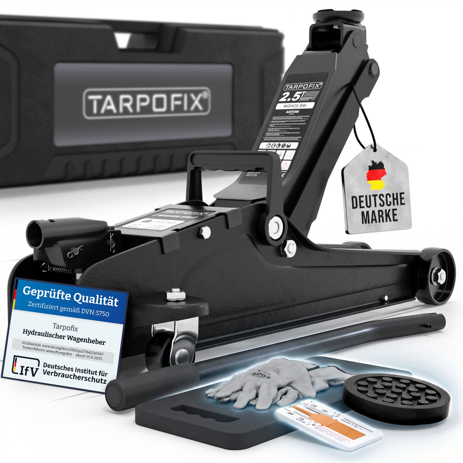 Tarpofix® Wagenheber Hydraulischer Wagenheber 2,5t flach für PKW SUV mit Koffer, max. Hubhöhe: 38 cm, Schwarz: Flacher Auto Wagenheber 2,5t in Schwarz mit Koffer