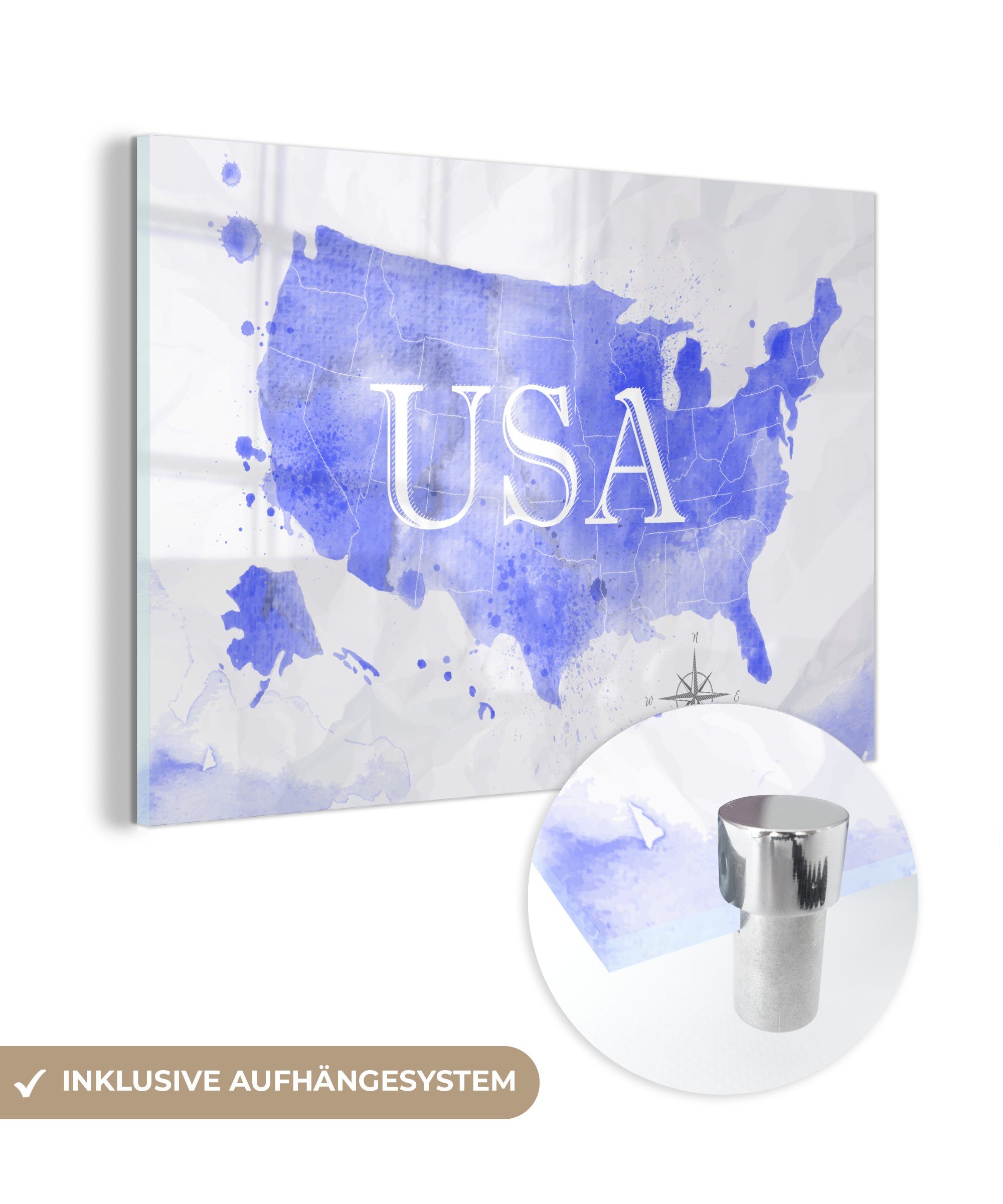 auf - - Acrylglasbild Vereinigte Staaten St), Foto MuchoWow Weltkarte, Glas - Blau Glasbilder auf Bilder - - Wandbild Glas Wanddekoration (1