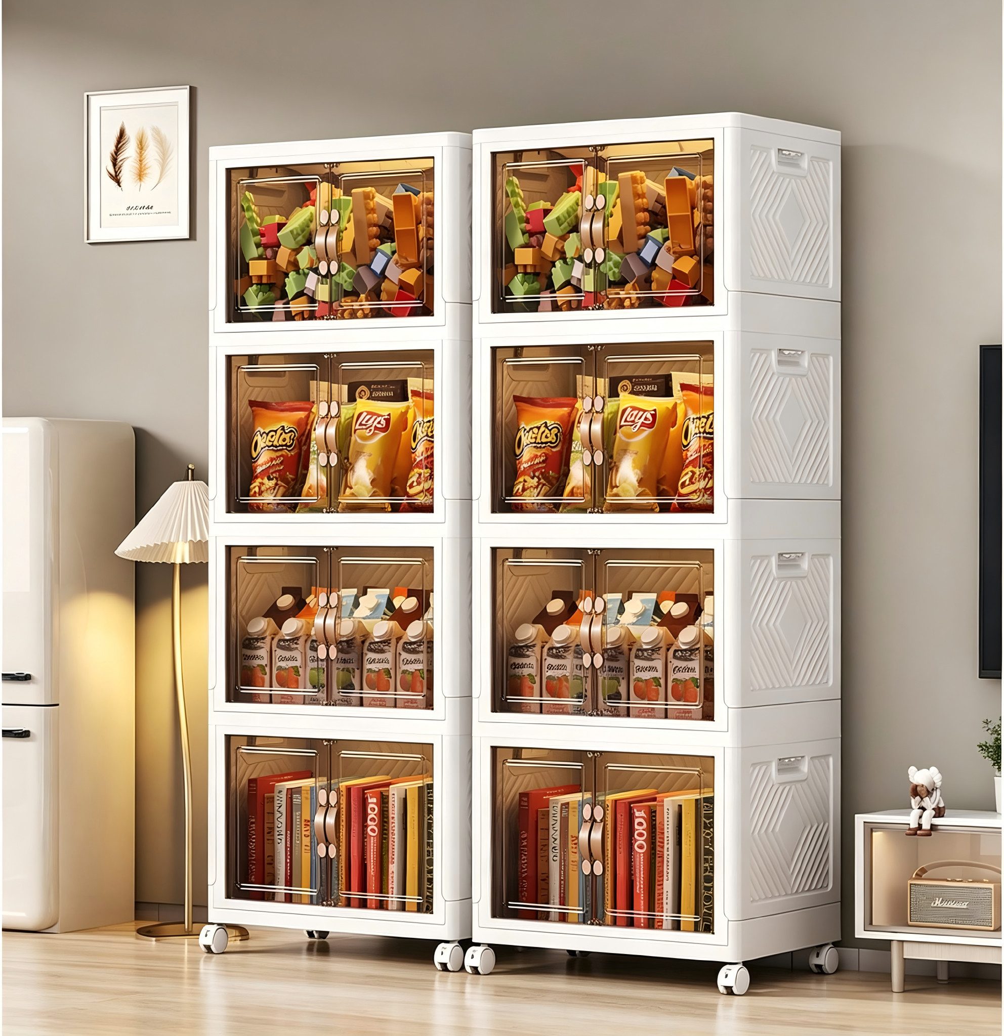 BlingBin Aufbewahrungsbox Faltbare Aufbewahrungsboxen 4er Set mit Deckeln, Türen und Rollen (4er Set, 8 St., 50 × 30 × 112.5 cm), platzsparender Organizer für Wohnzimmer, Küche und Schlafzimmer