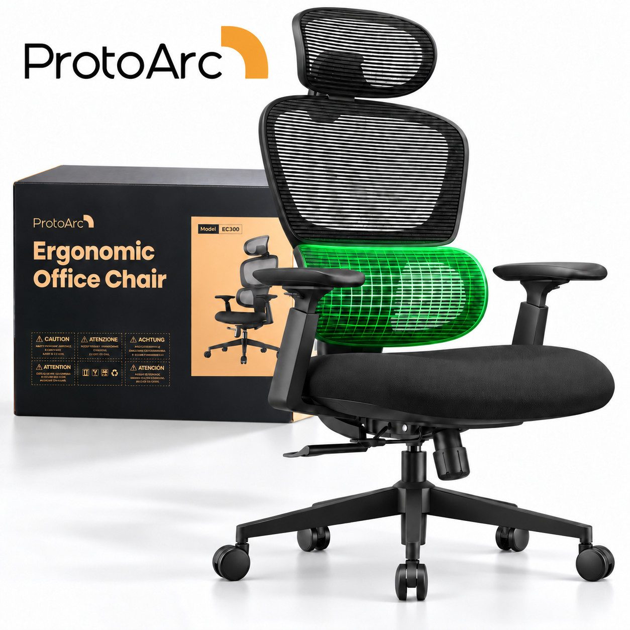 ProtoArc Bürostuhl EC300 Ergonomischer Bürostuhl, Sitztiefenverstellung, mit Walflossen-Kopfstütze Lumbalstütze & Flextex® Netzstoff B
