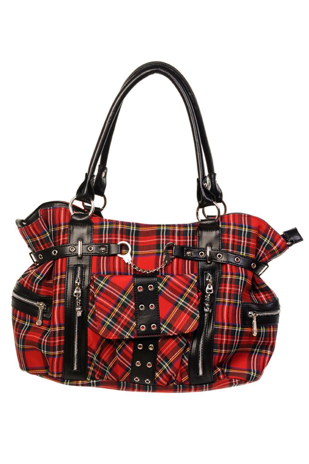 Banned Schultertasche Rise Up Rot Tartan, Henkeltasche Kariert Nieten Handschellen