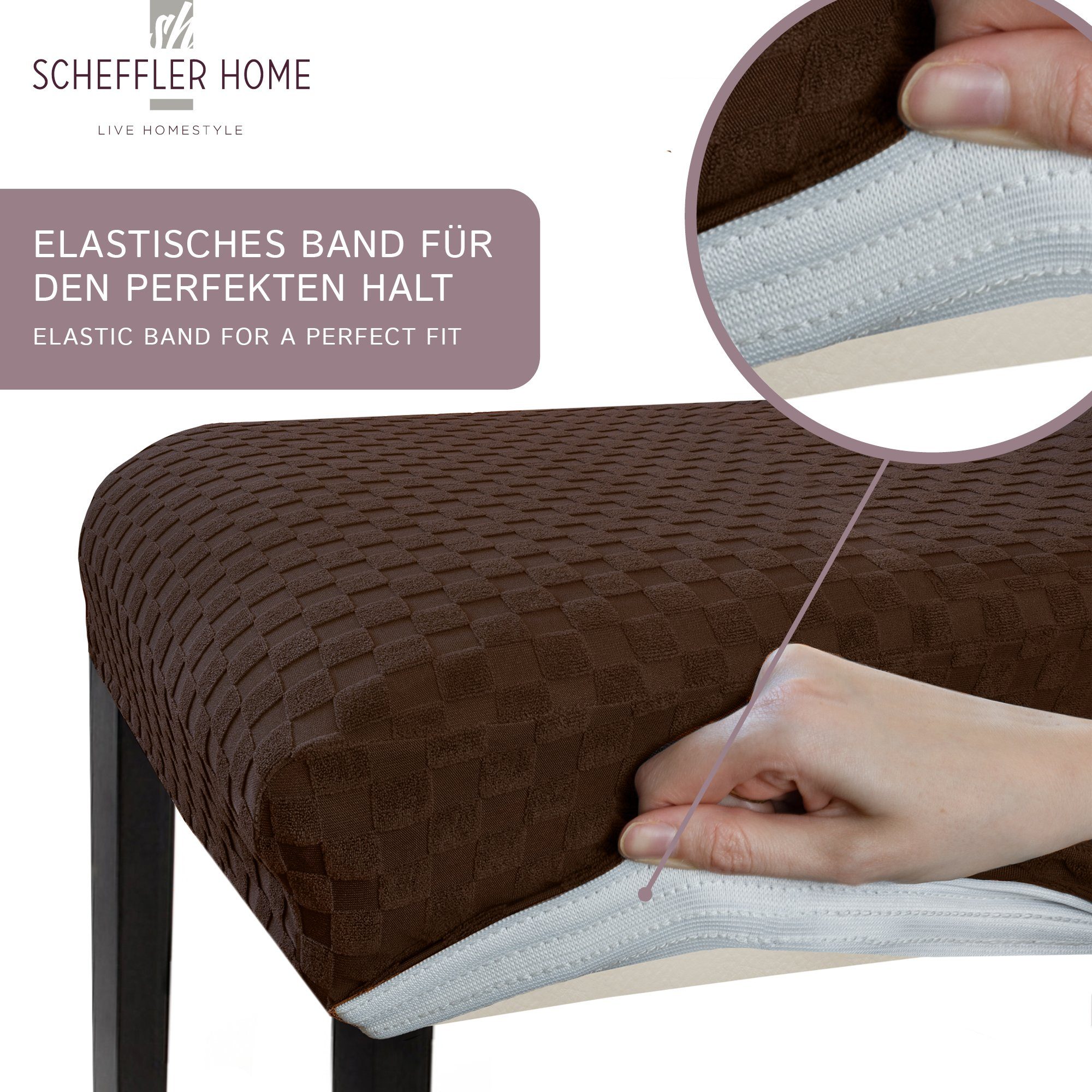 Stuhlhussen HOMESTYLE Samt SCHEFFLER-HOME Sets, Farben Emil-Karo Braun Stuhlhusse verschiedene LIVE und sh