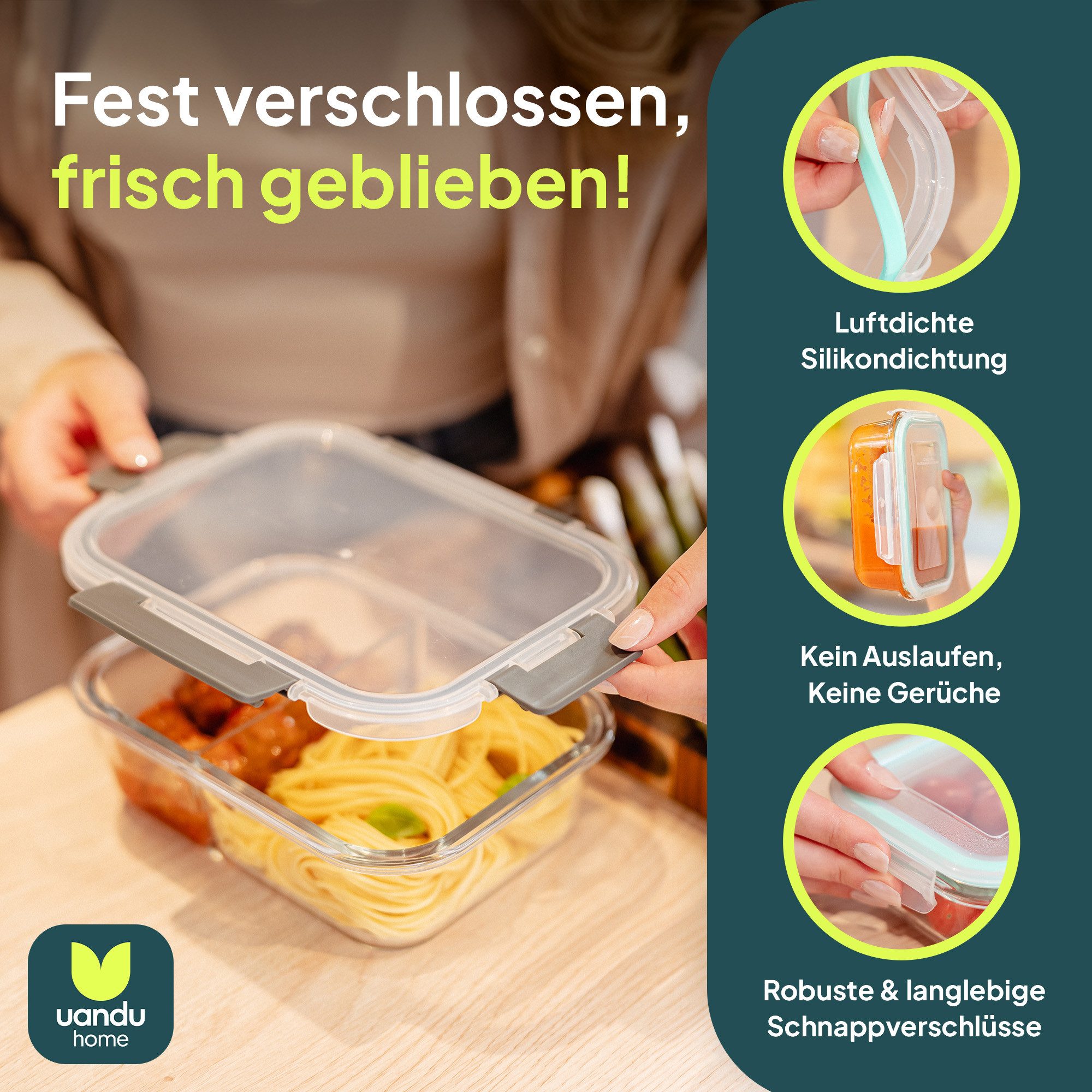 uandu home Frischhaltedose Glasbehälter mit Deckel, Frischhaltedosen Glas mit Deckel, (glasdosen mit deckel set, glas tupper mit deckel, glass food container, f – Bild 3 von 5