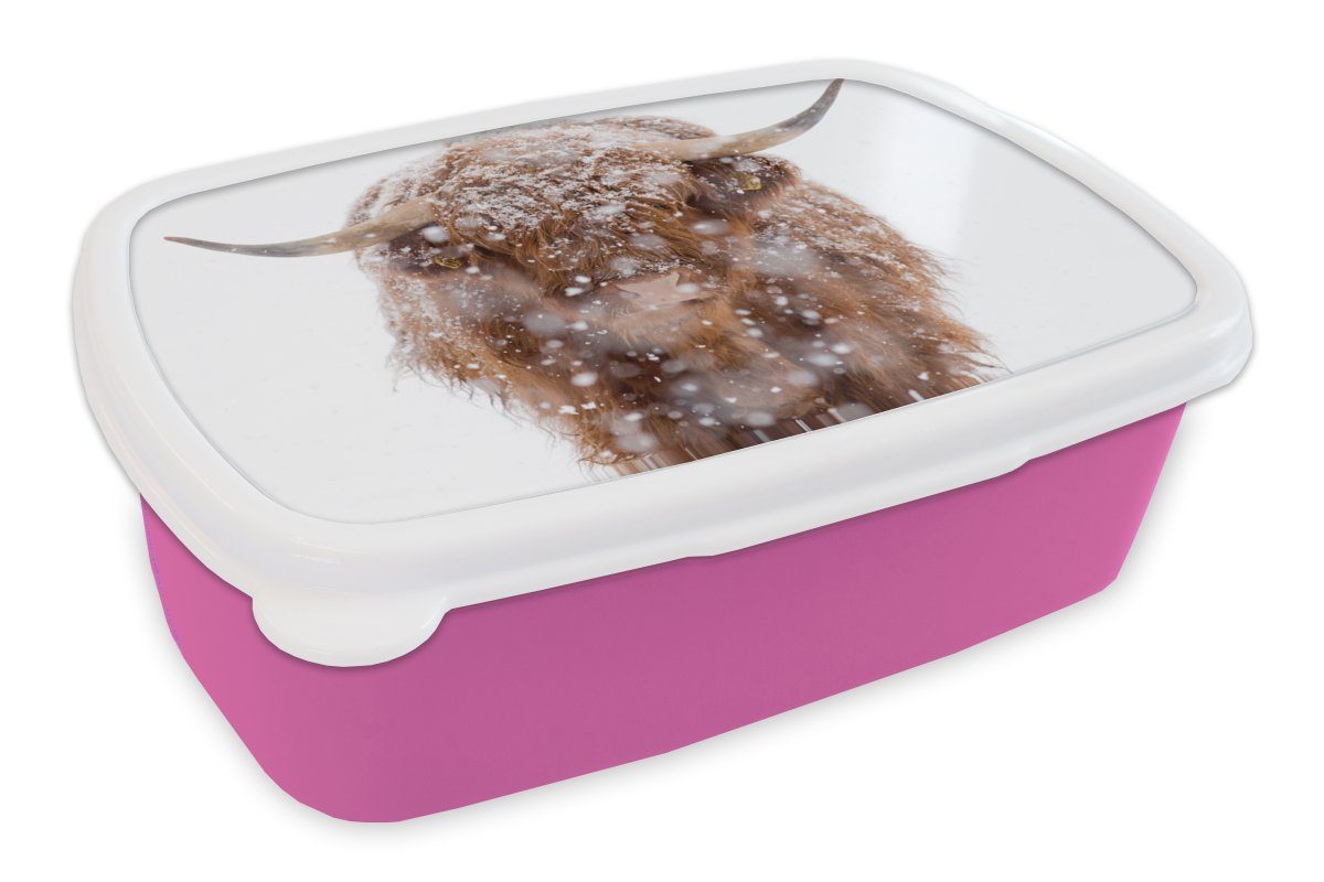MuchoWow Lunchbox Schottischer Highlander - Schneeflocke - Winter, Kunststoff, (2-tlg), Brotbox für Erwachsene, Brotdose Kinder, Snackbox, Mädchen, Kunststoff rosa