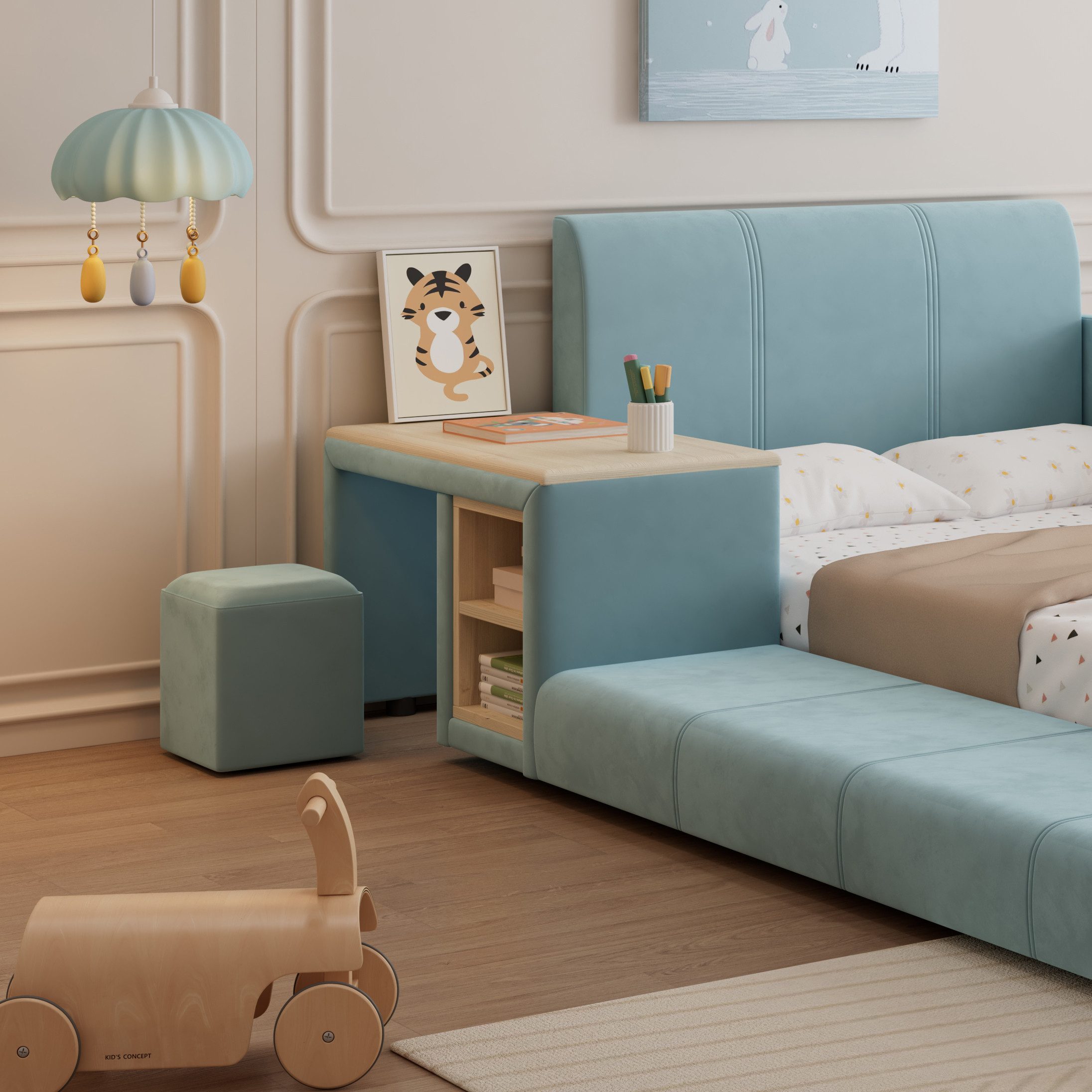 Flieks Polsterbett, Kinderbett 90x200cm mit Schreibtisch und Hocker mit Rausfallschutz