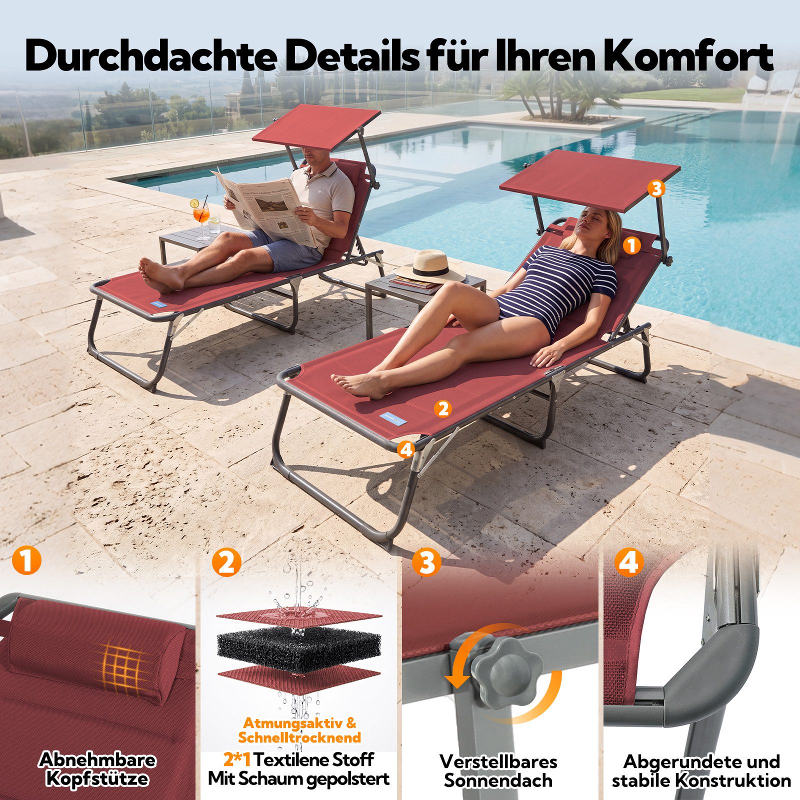 HOMECALL Gartenliege Sonnenliege AluLiege Liegestuhl Strandliege Liegen wetterfest, klappbar, Textilene Mit Dickemschnelltrocknende Schaumstoffpolsterung, Verst – Bild 5 von 5