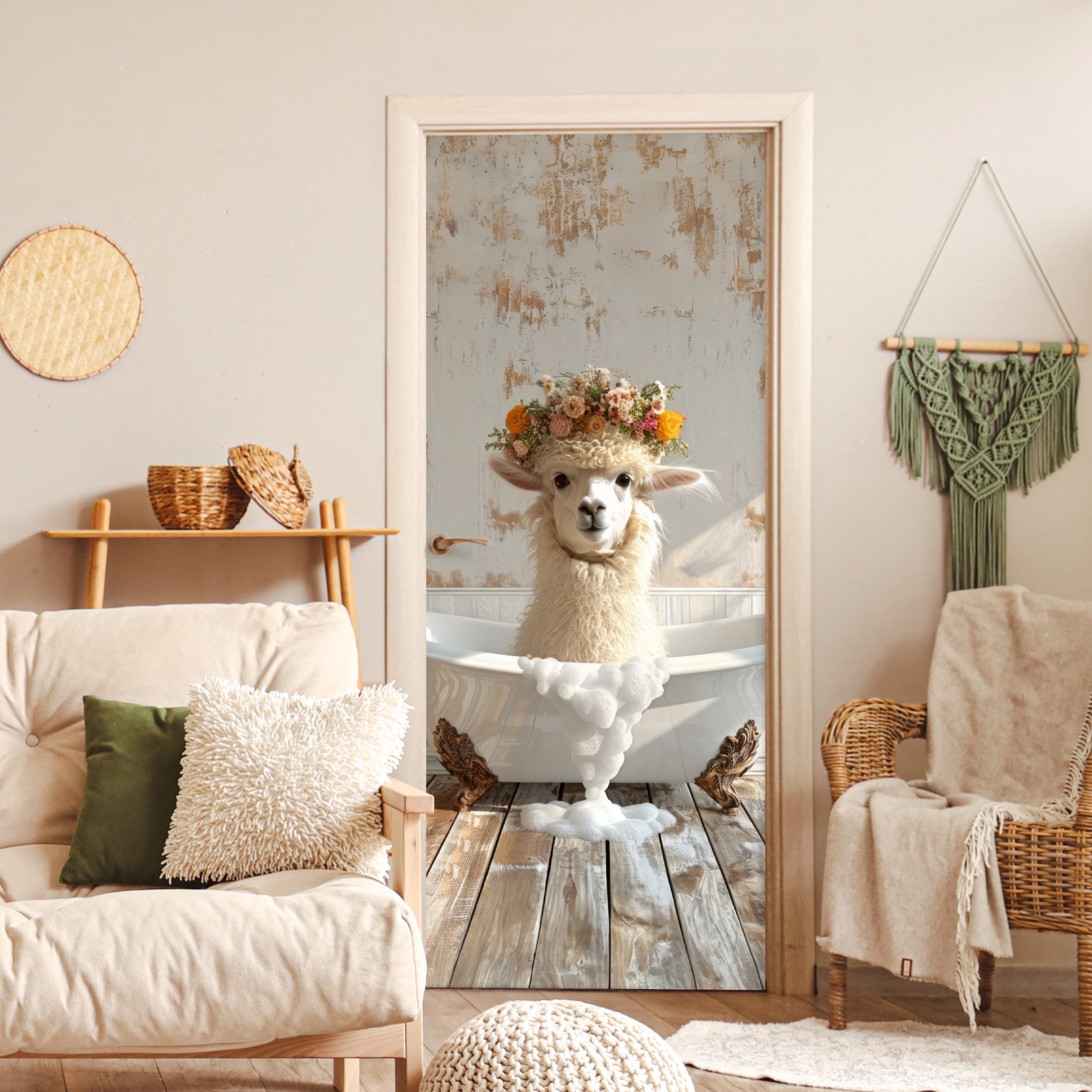 MuchoWow Türtapete Vintage - Alpaka - Badewanne - Blumen - Tiere, Matt, bedruckt, (1 St), Selbstklebende Tapete, Folie für Möbel, 75x205 cm