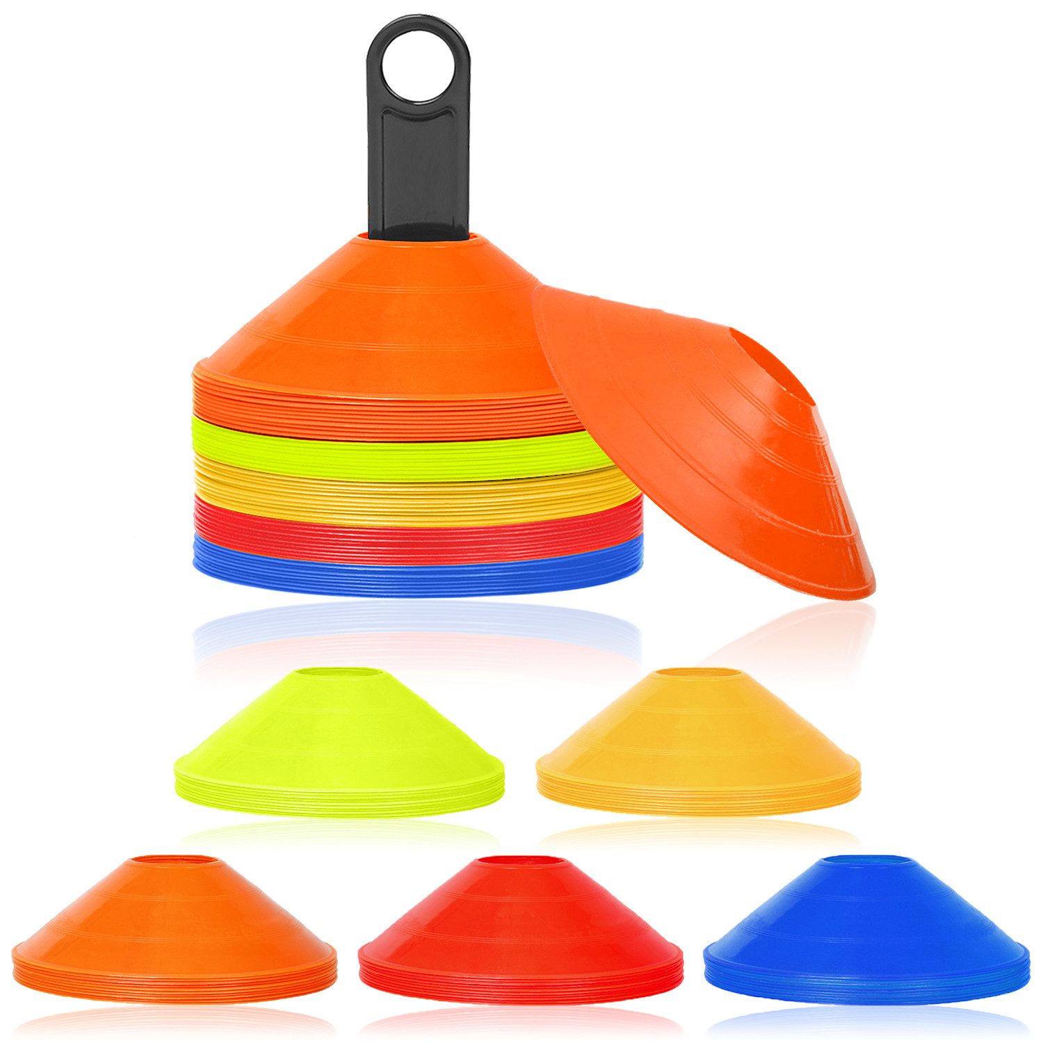FIVMEN Trainingshilfe Markierungshütchen 50 x Sport Hütchen Agilität Set Markierungsteller, für Fussball, Hockey, Handball Koordination und Agilität